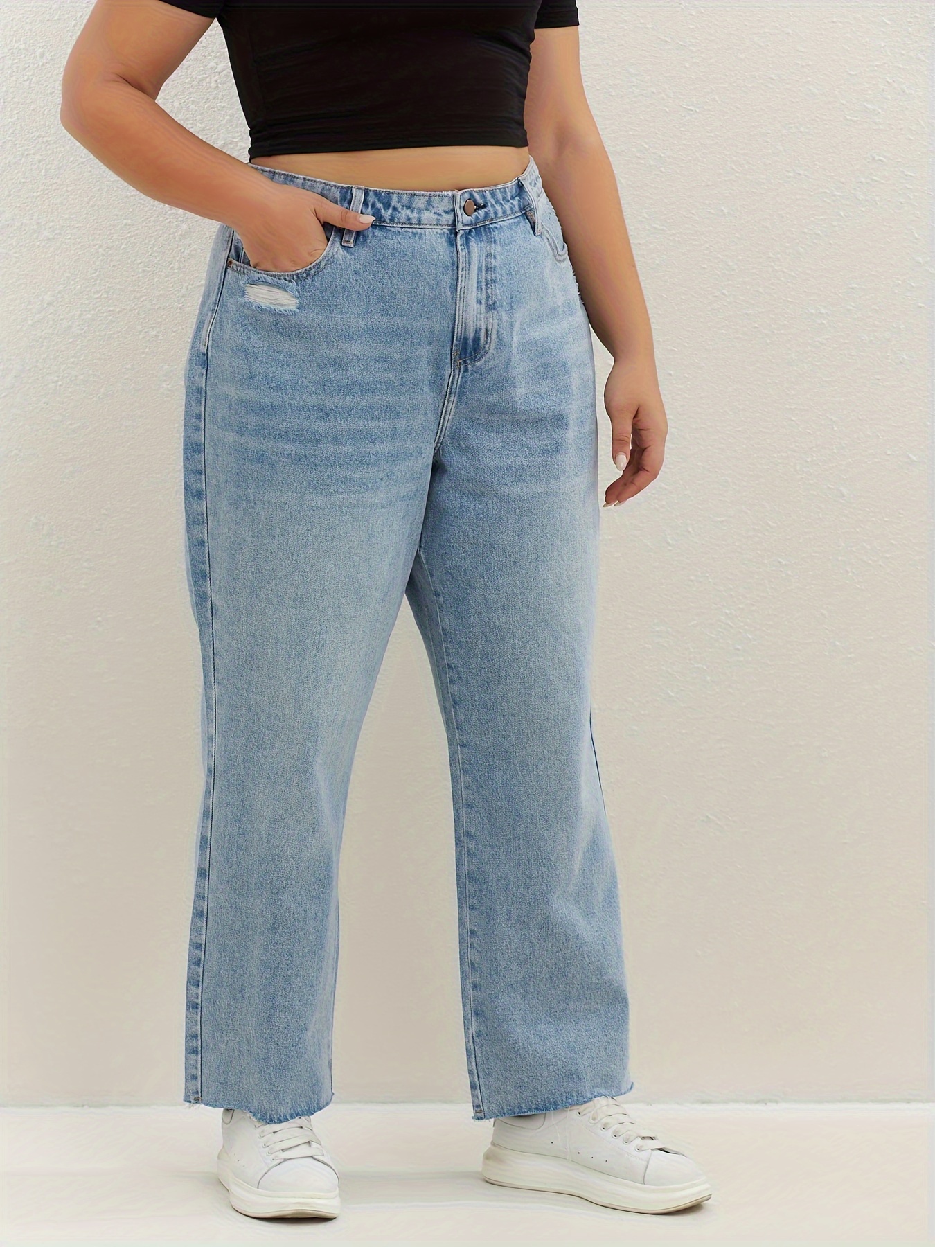 Plus Size Casual Jeans, Damen Plus Gewaschene Zerrissene Knopfleiste High  Rise Wide Leg Jeans