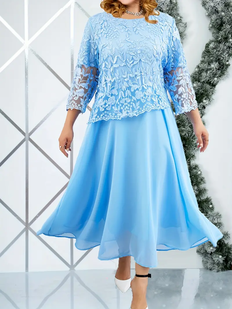 Plus Size Elegant Dress Women's Plus Solid Contrast Lace - Temu Canada
