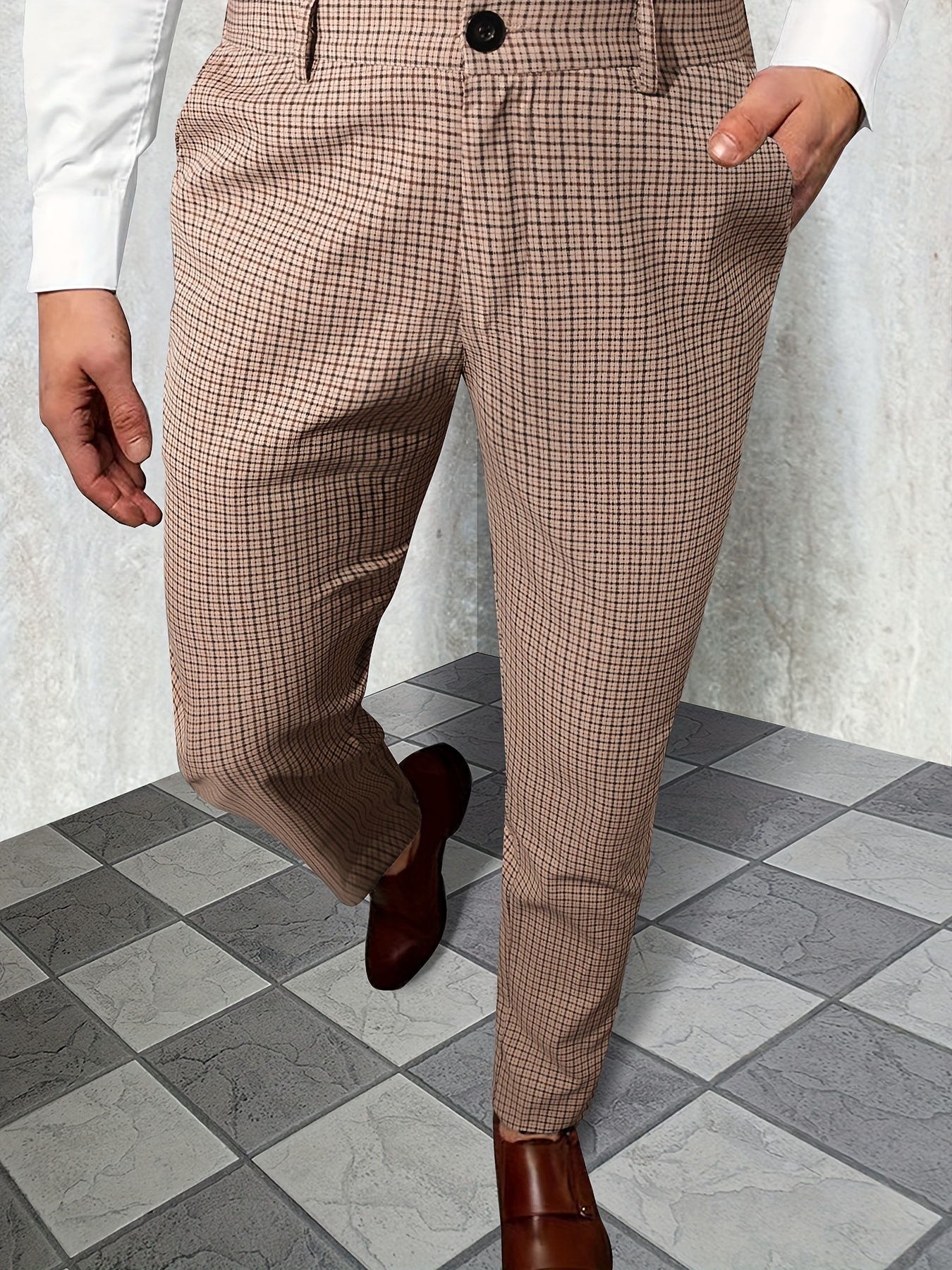 Elegant Plaid Slacks Men's Casual Vintage Style Dress Pants - Temu