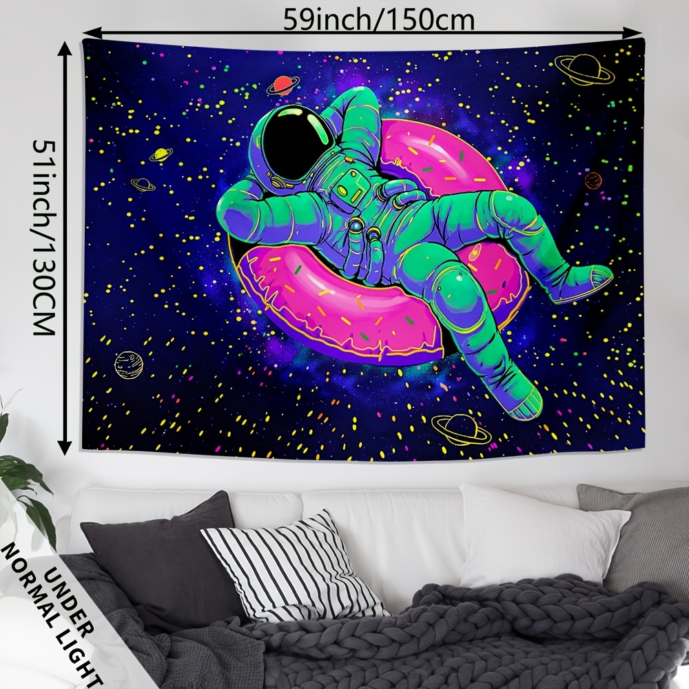 Fluorescent Astronaut Donut Tapestry Wall Hanging Peach Skin Velvet UV Light