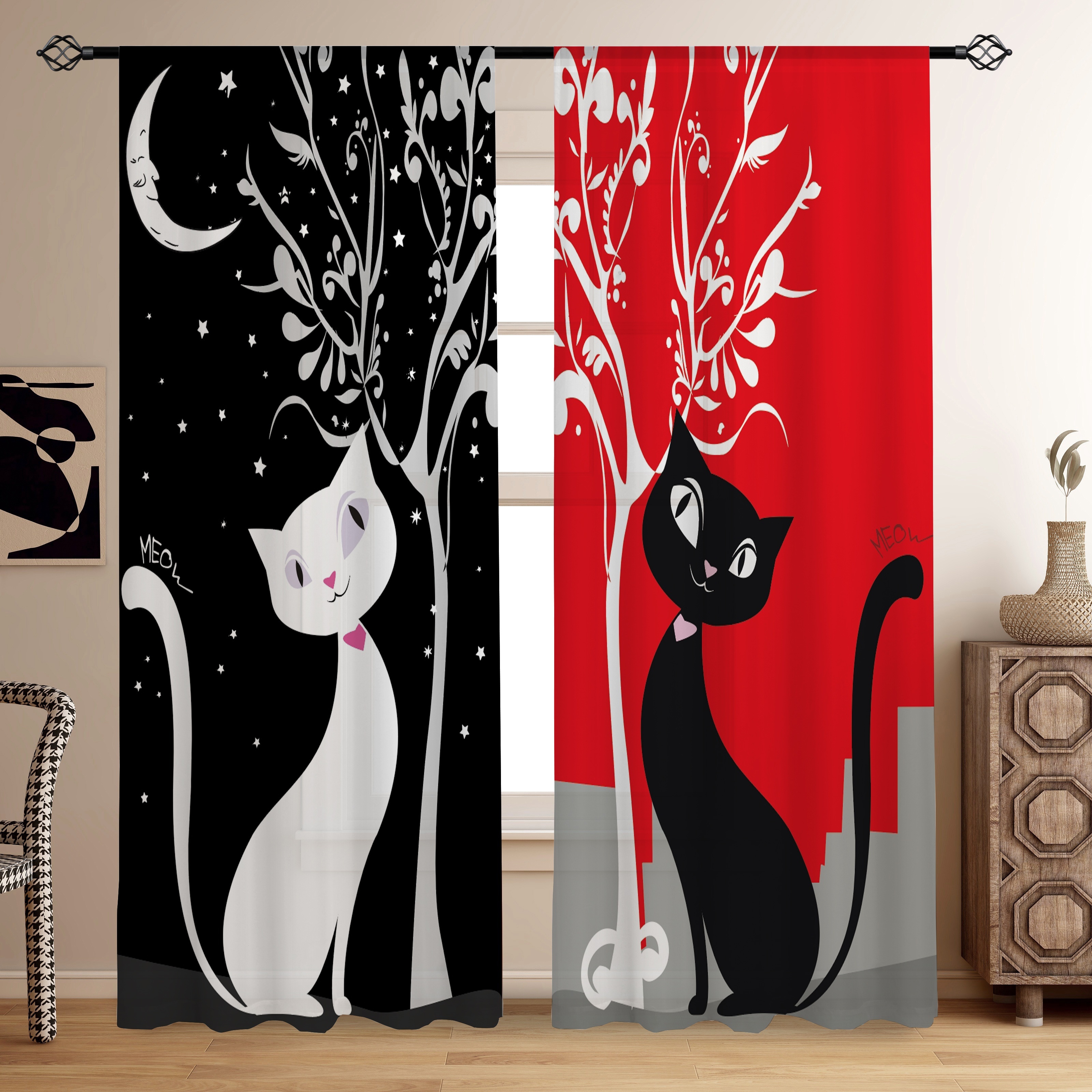 

2pcs, Valentine's Day Black And White Cat Black And Red Base Printed Translucent Curtains, Multi-scene Polyester Rod Pocket Decorative Curtains For Living Room Bedroom Home Decor Party Supplies