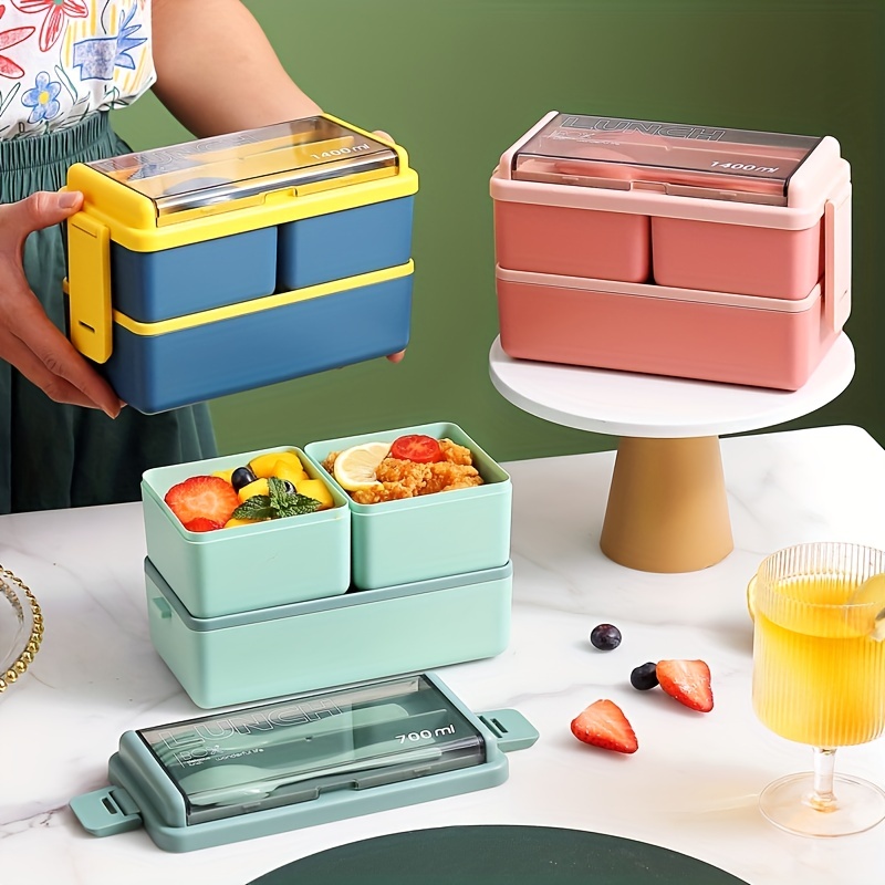 Plastic Lunch Box Microwavable Lunch Box Set Double Layer Divider With  Cutlery