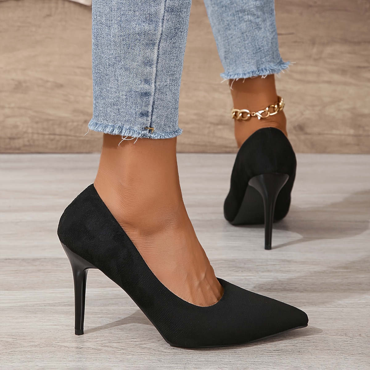 Tacones De Aguja Negros Para Mujer, Elegantes Zapatos Sin Cordones Con  Punta En Punta, Tacones De Color Sólido Para Mujer