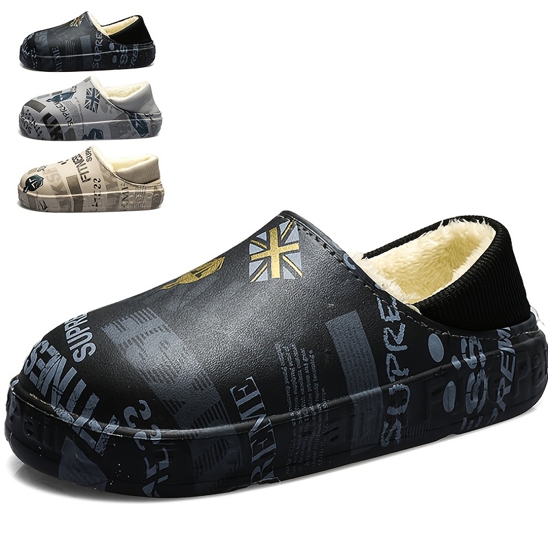 Graphic Print Cozy Waterproof House Slippers Anti-skid Slip-on Shoes Indoor  For Men Winter Shoes Fuzz-lined Eva Clogs - Temu