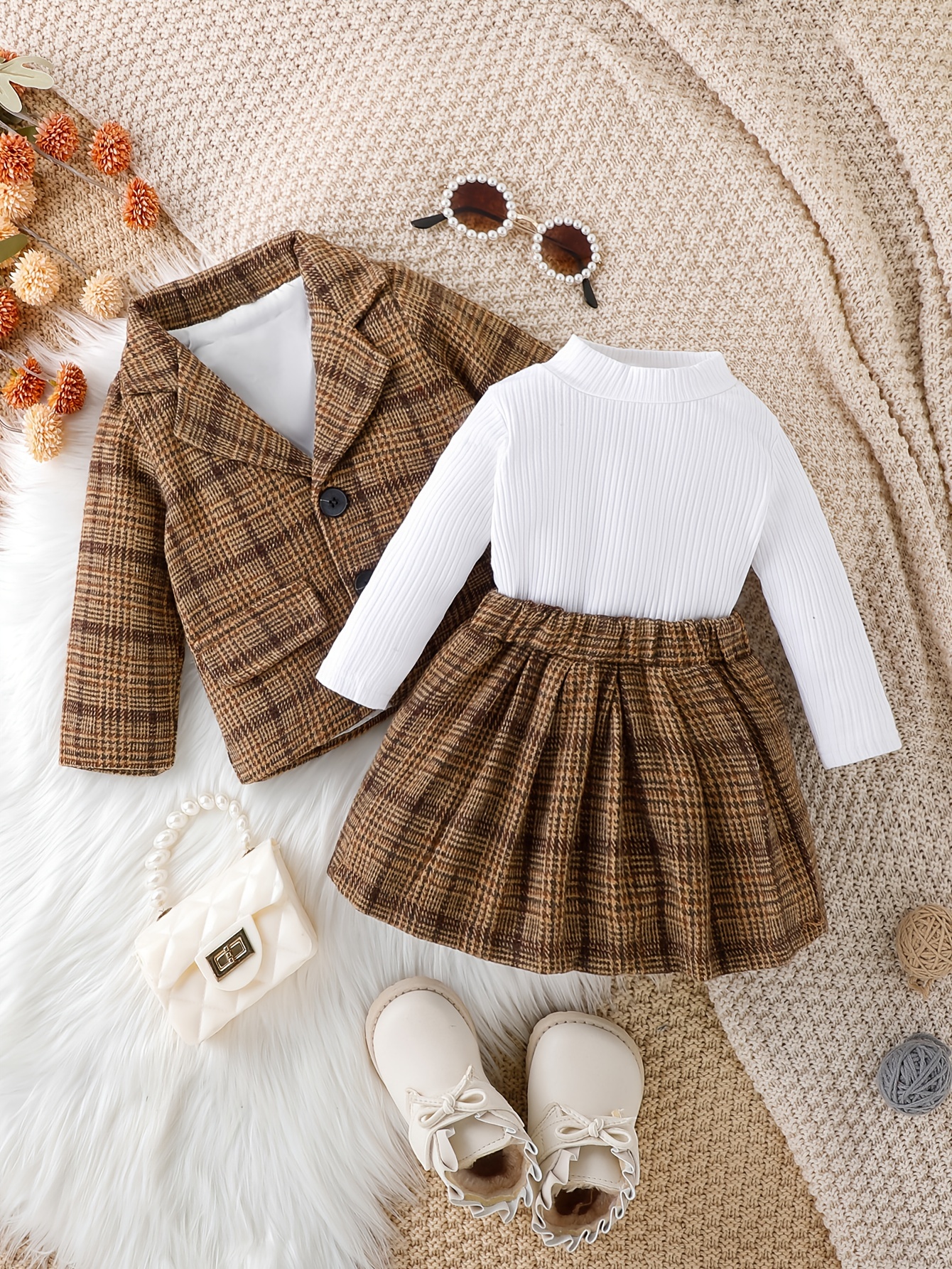 Girls Preppy Pleated Print Ruffled Buttoned Jacket with Faux Pockets &  Matching Skirted Leggings Set