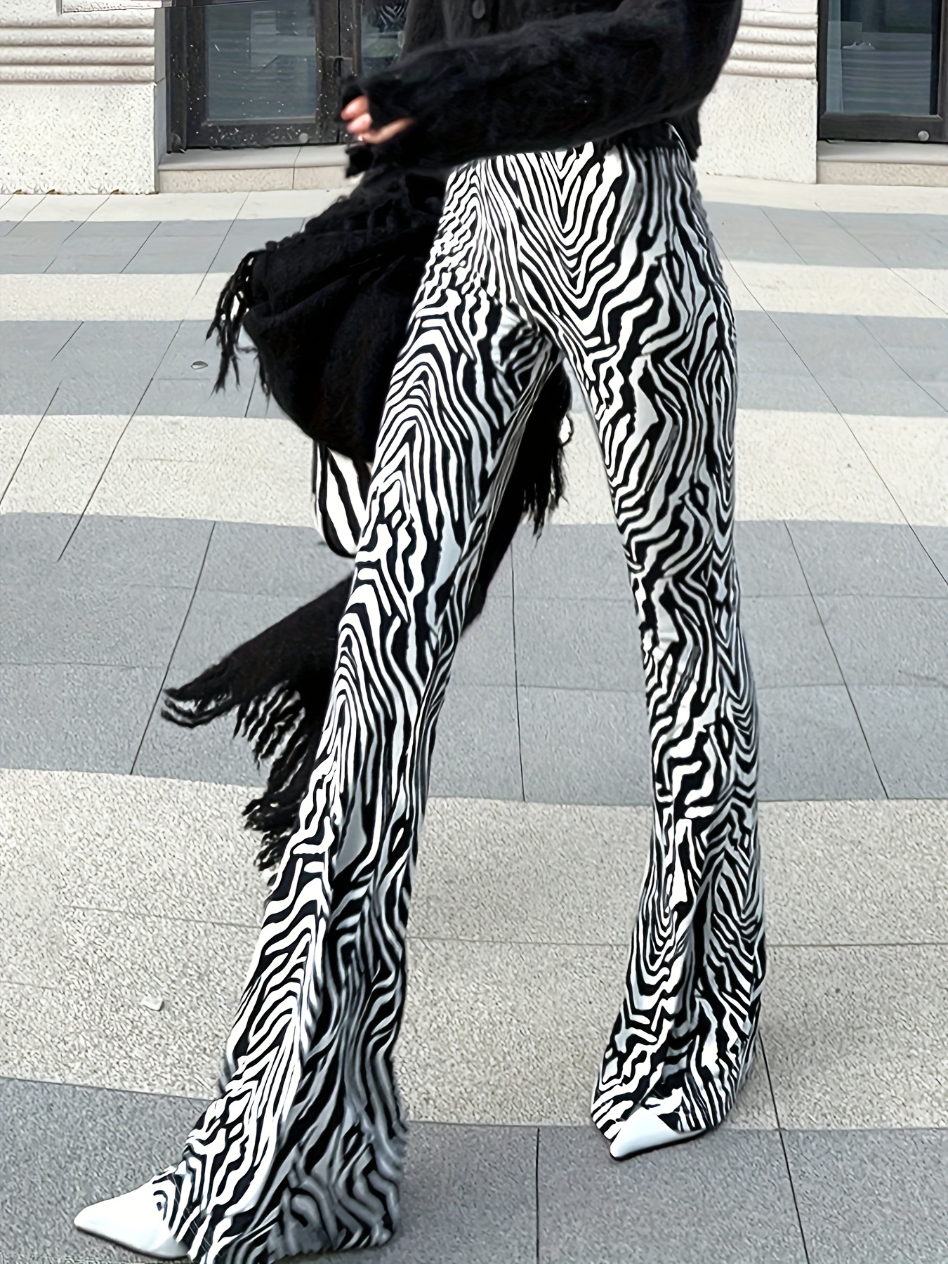 Leopard Zebra Print Flare Leg Pants Casual High Waist Slim - Temu