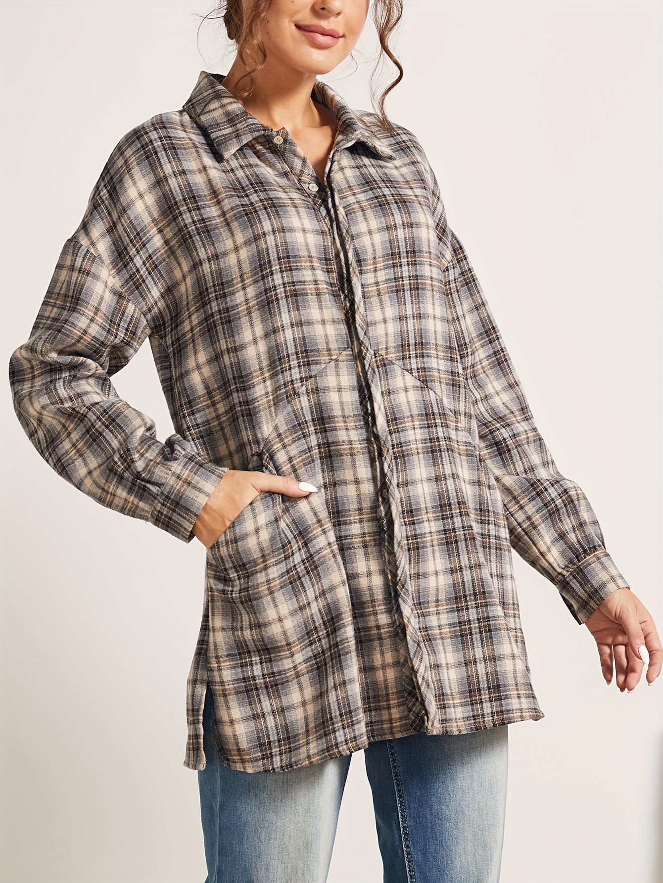 Camisa de franela de manga larga con patrón a cuadros de talla * camisa de  franela con cuello de solapa informal para mujer
