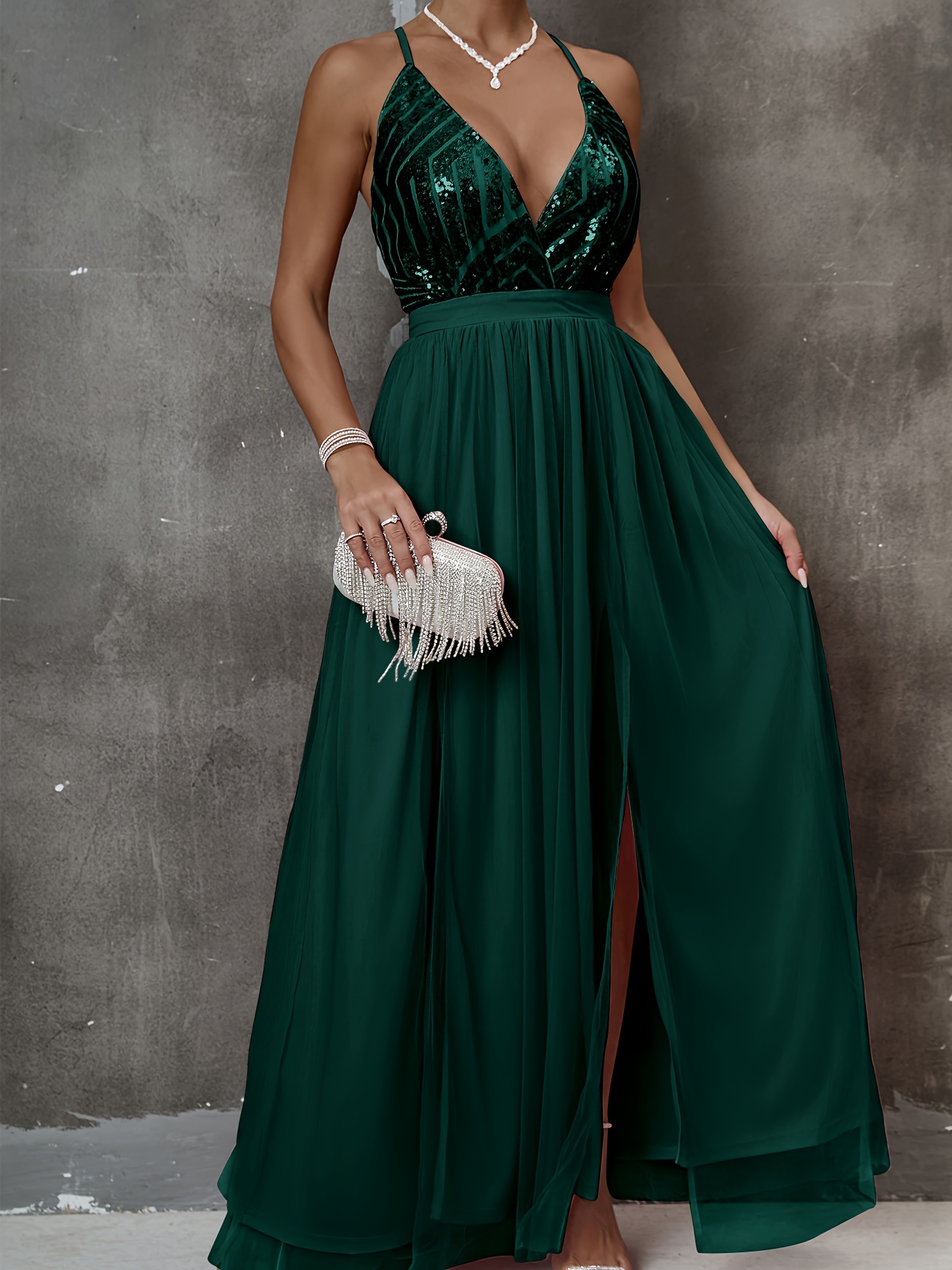 Pleated Contrast Sequin Dress Sexy Plunging Backless Dress - Temu