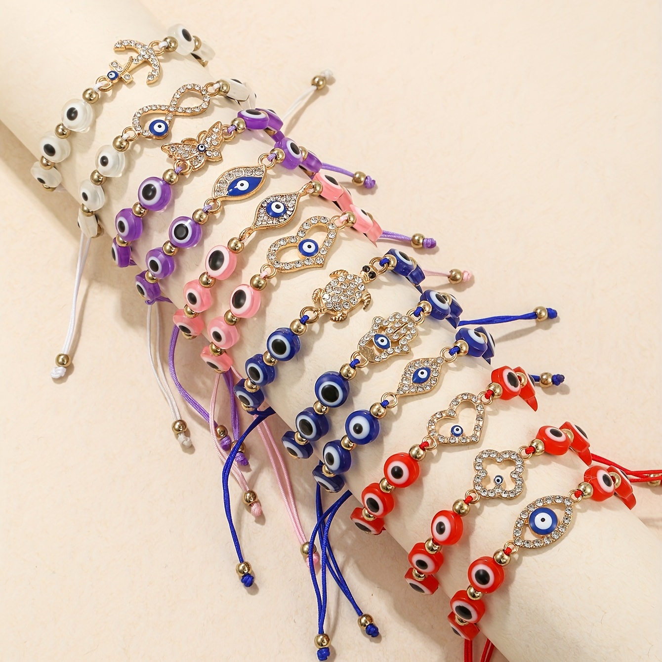 

12pcs Devil's Eye Shape Beads Beaded Braided Bracelet Set Inlaid Shiny Rhinestone