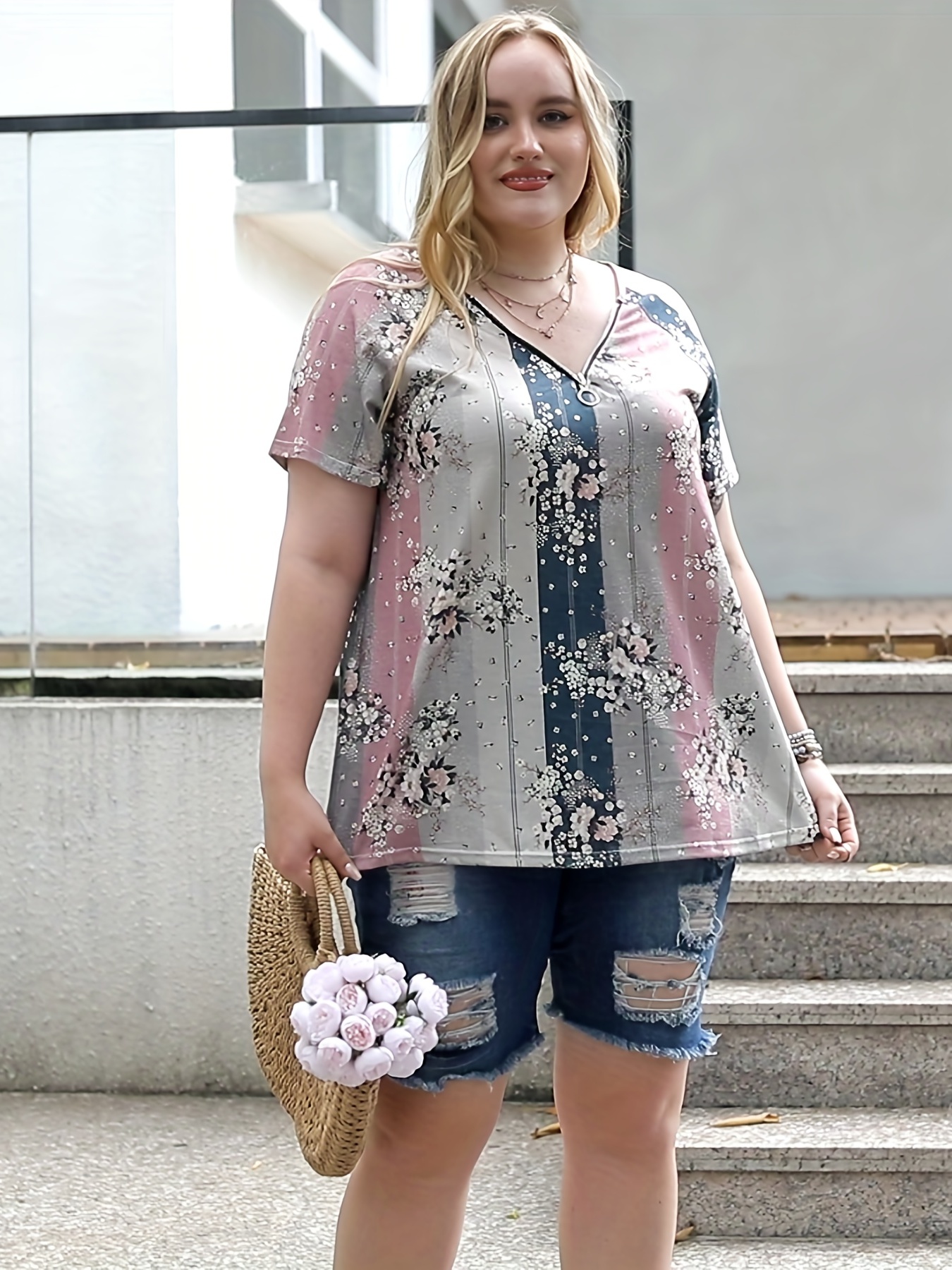 Floral Colorblock T Shirt And High Waisted Floral Print Leggings Plus Size Summer  Outfit [69% OFF]