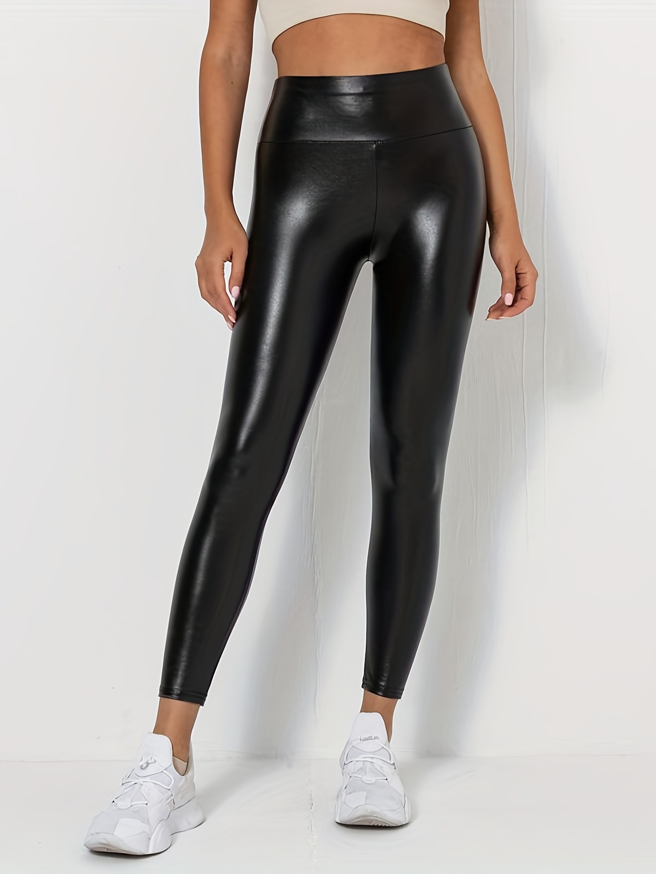 Sexy Pu Leather Push Leggings Solid Black Plus Size Perfect - Temu Canada
