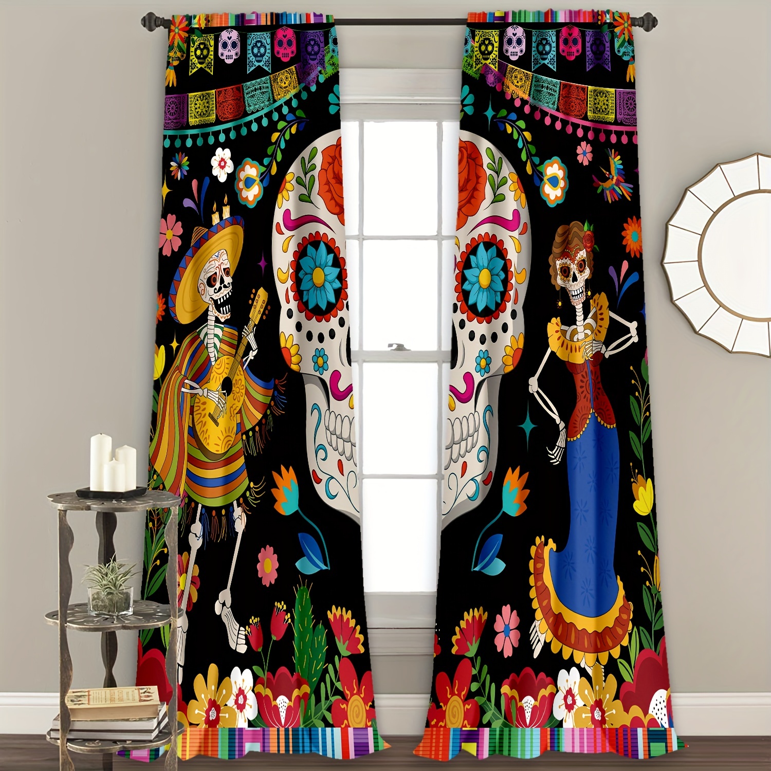 2panels Mexican Day Of The Dead Skull Curtains Study Room - Temu