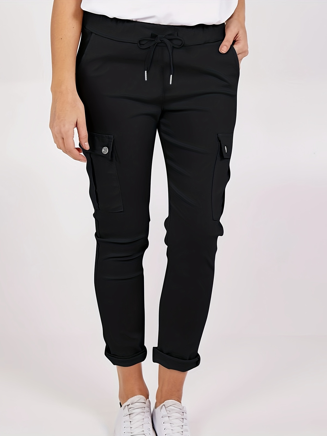 Black Flap Pockets Sports Pants Moisture Wicking High Waist - Temu