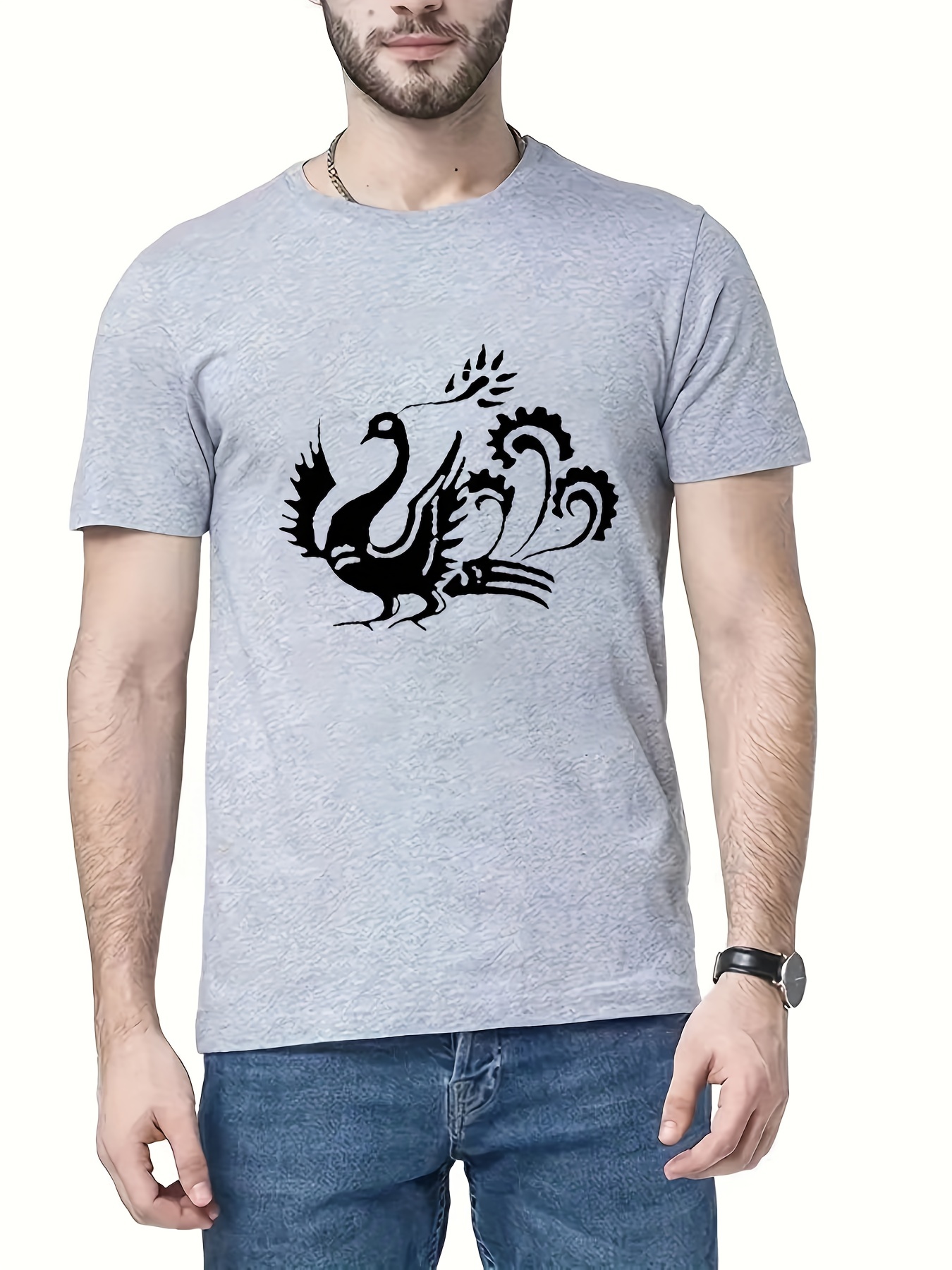 100% Authentic NEW Gucci Men Gray Peacock Logo Crewneck T-Shirt Tee 2 XL