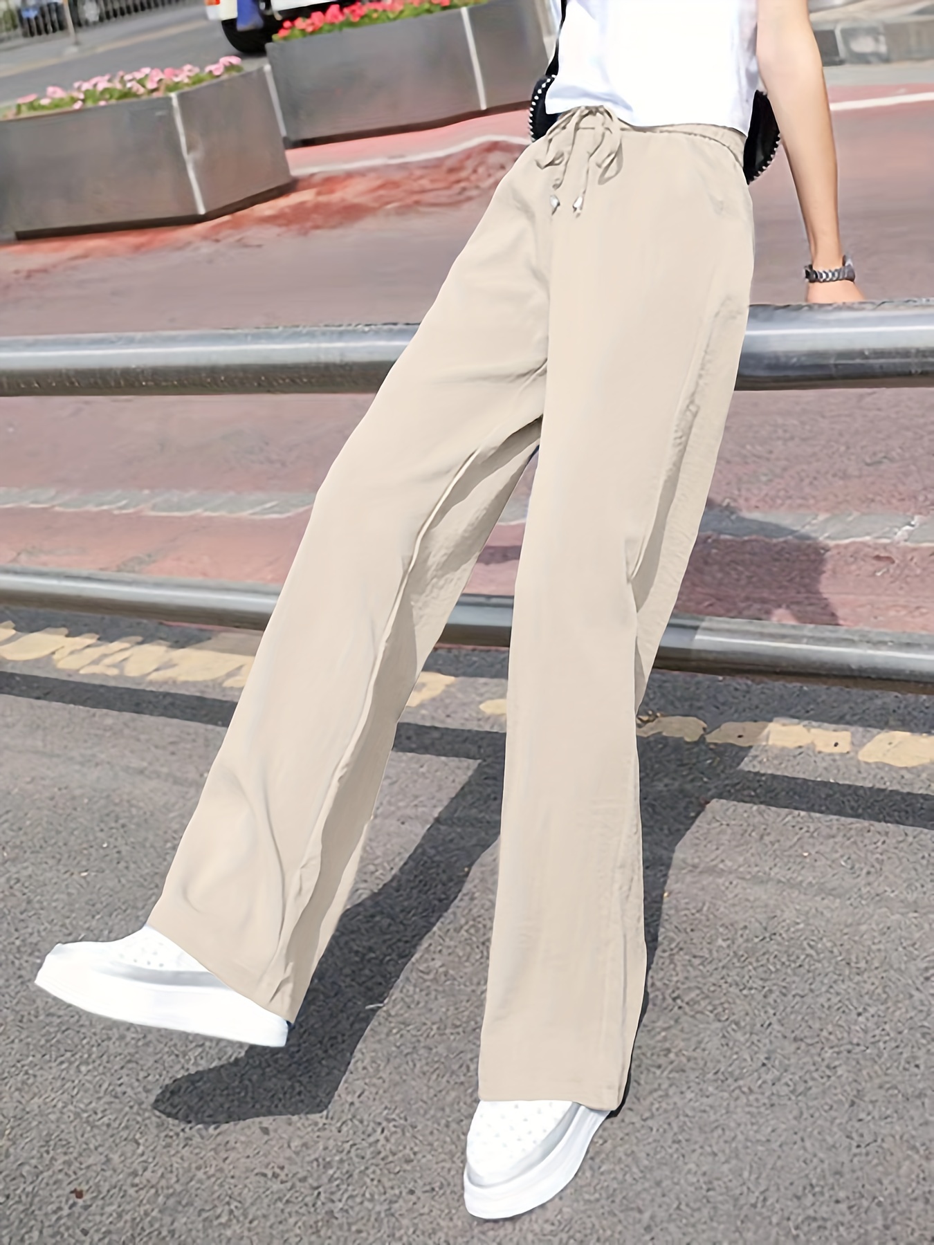 Black Casual Simple High Waist Wide Leg Pants With Belt