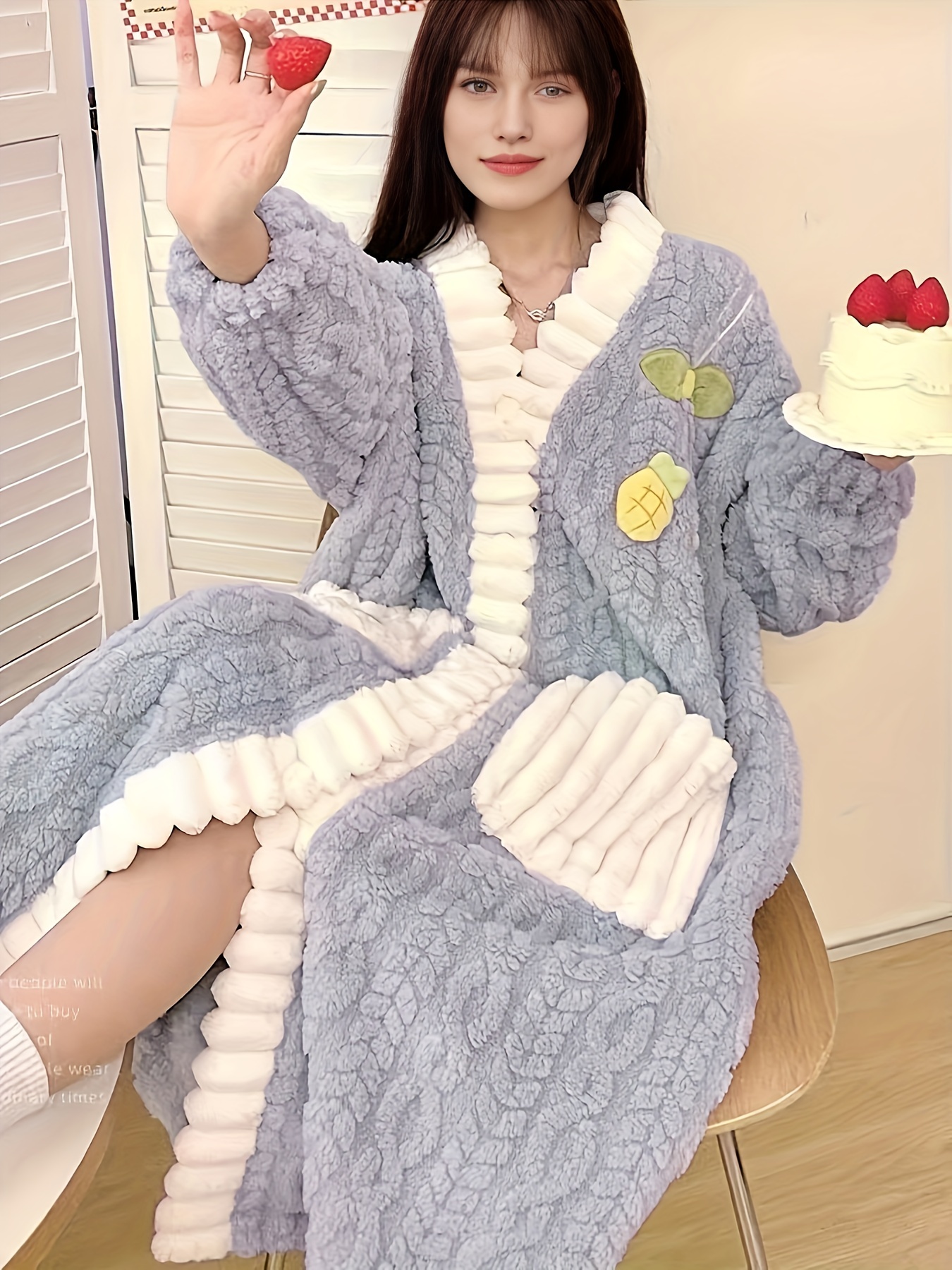 Cable Effect Plush Robe - Grey cable knit