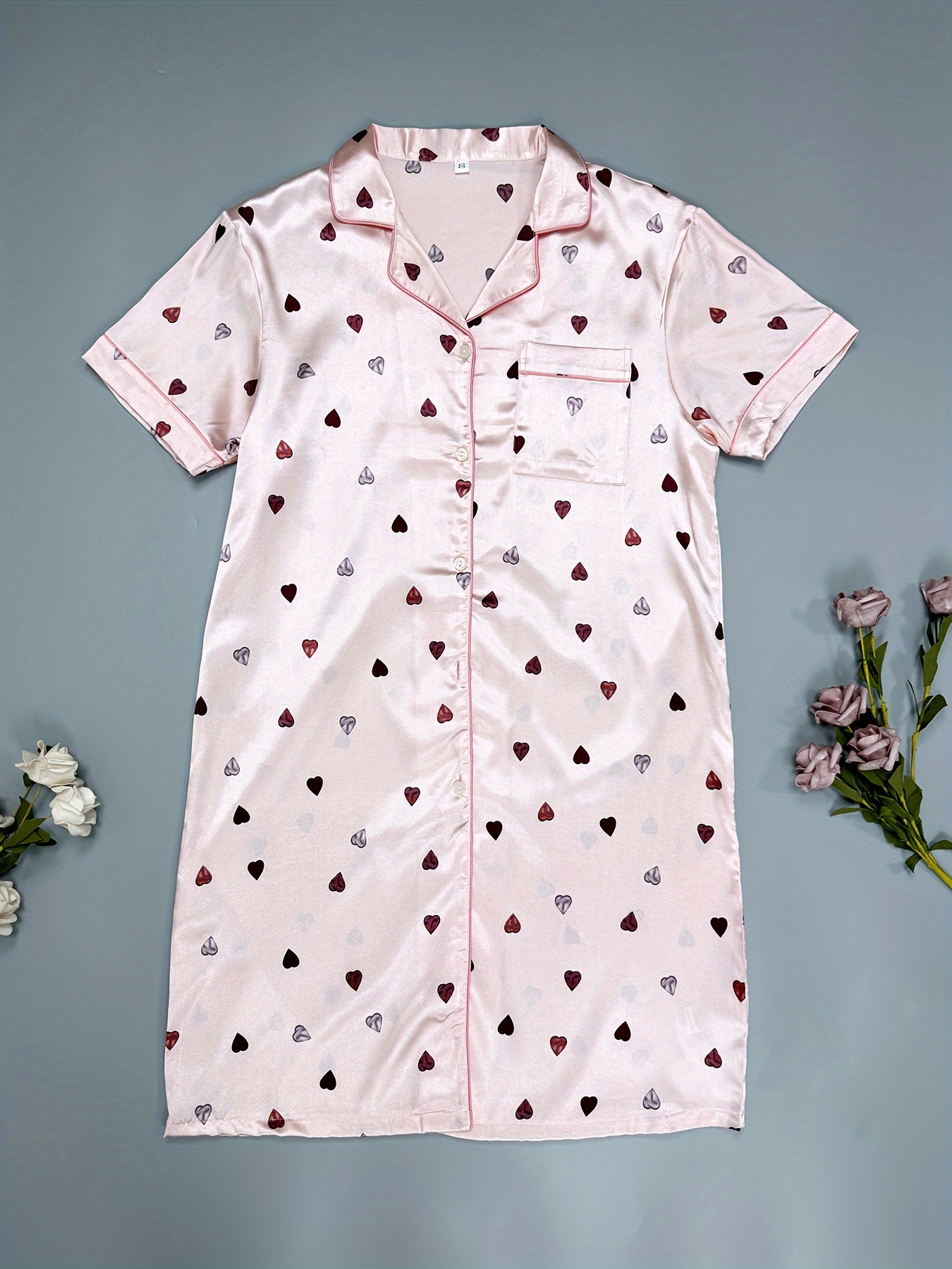 Heart Print NightDress, Short Sleeve Buttons Pajama Dress, Women's  Sleepwear & Dresses