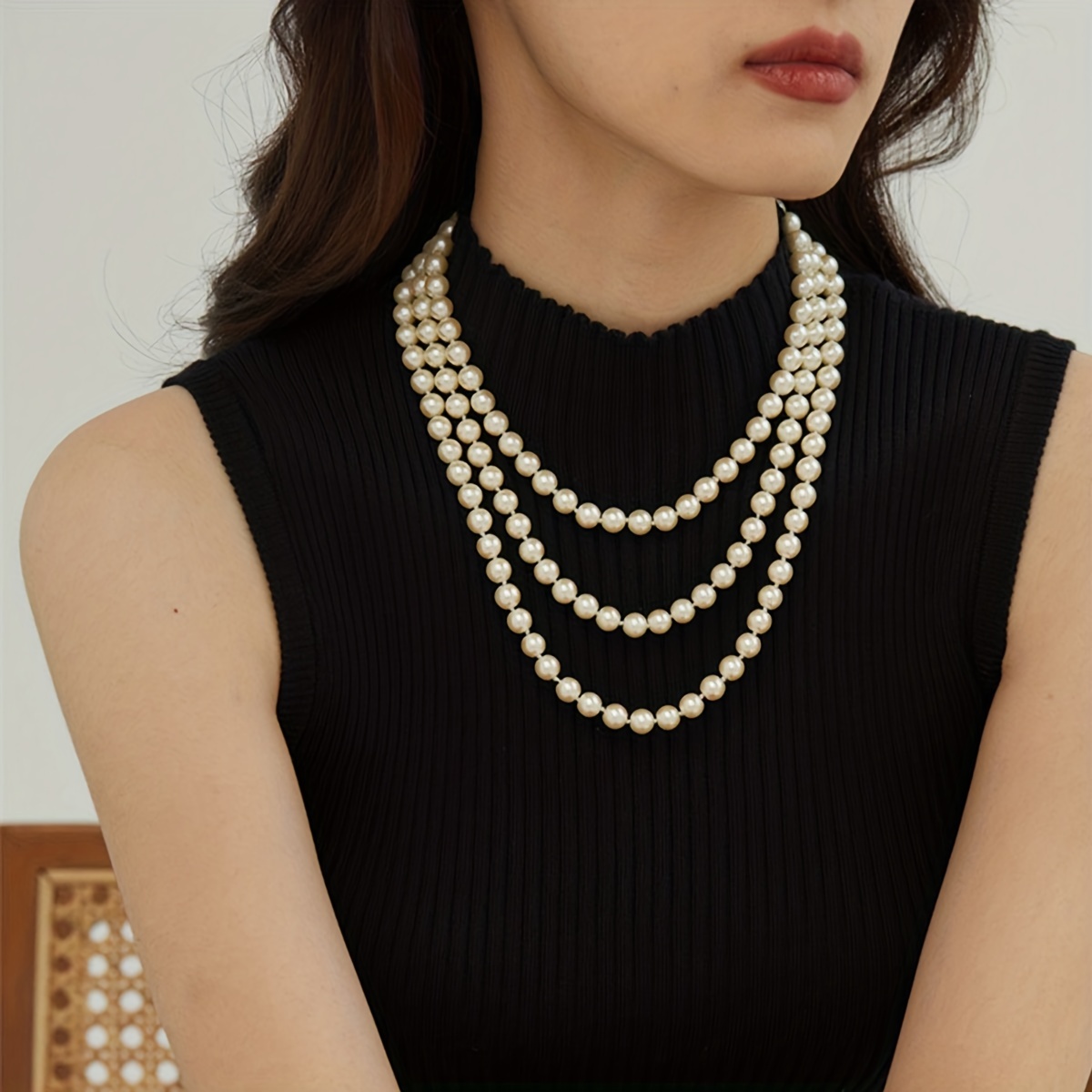 Double Layered Faux Pearl Decor Necklace Elegant Rhinestone - Temu