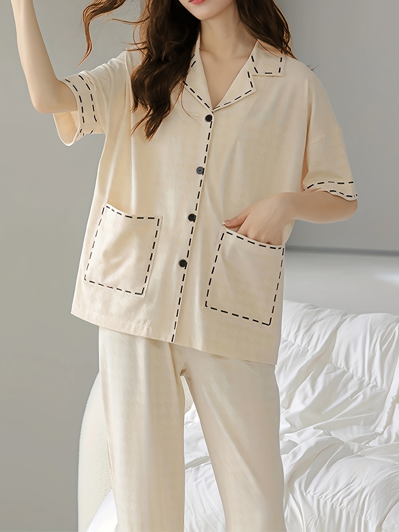 Plaid Print Pajama Set Short Sleeve Pocket Top Elastic - Temu