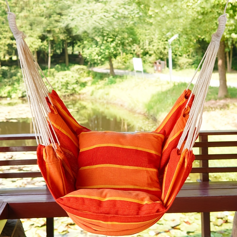 1pc Garden Comfort Cotton Hanging Hammock Chair, Rope Swing Chair With 2 Cushions For Indoor Or Outdoor, Camping Equipment