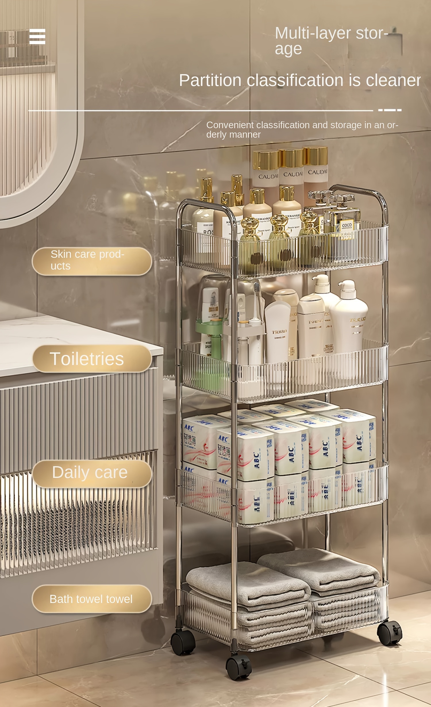 3 Tier Transparent Acrylic Snack Storage Cabinet, Living Room Kitchen  Trolley, Multi-layer Movable Floor Bedside Cosmetic Storage Rack - Temu