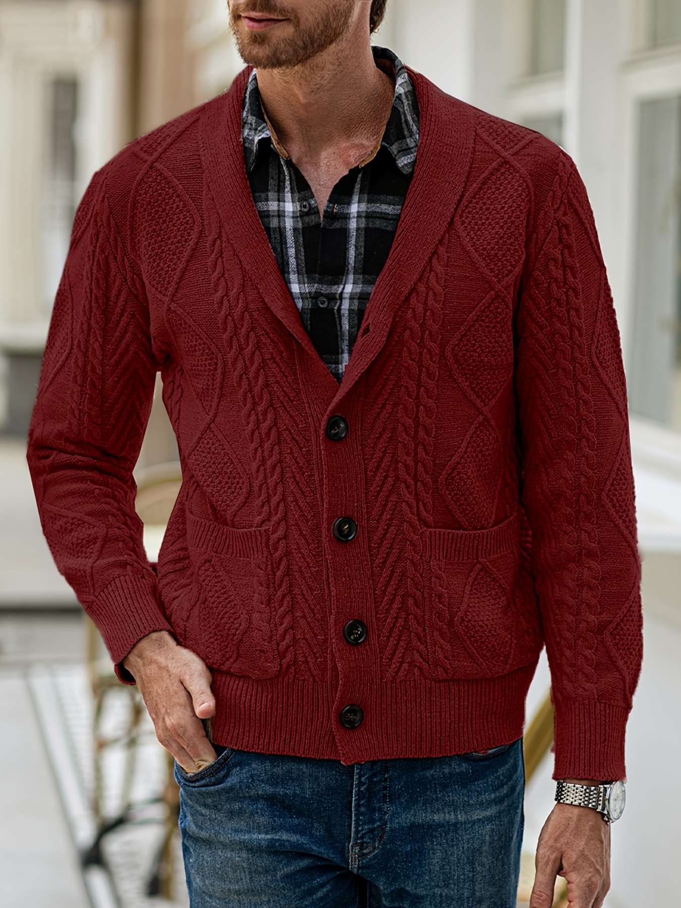 thumbnail image 2 of AQAYL Mens Cable Knit V Neck Sweaters Color Block Pullover Sweater 2 of 12