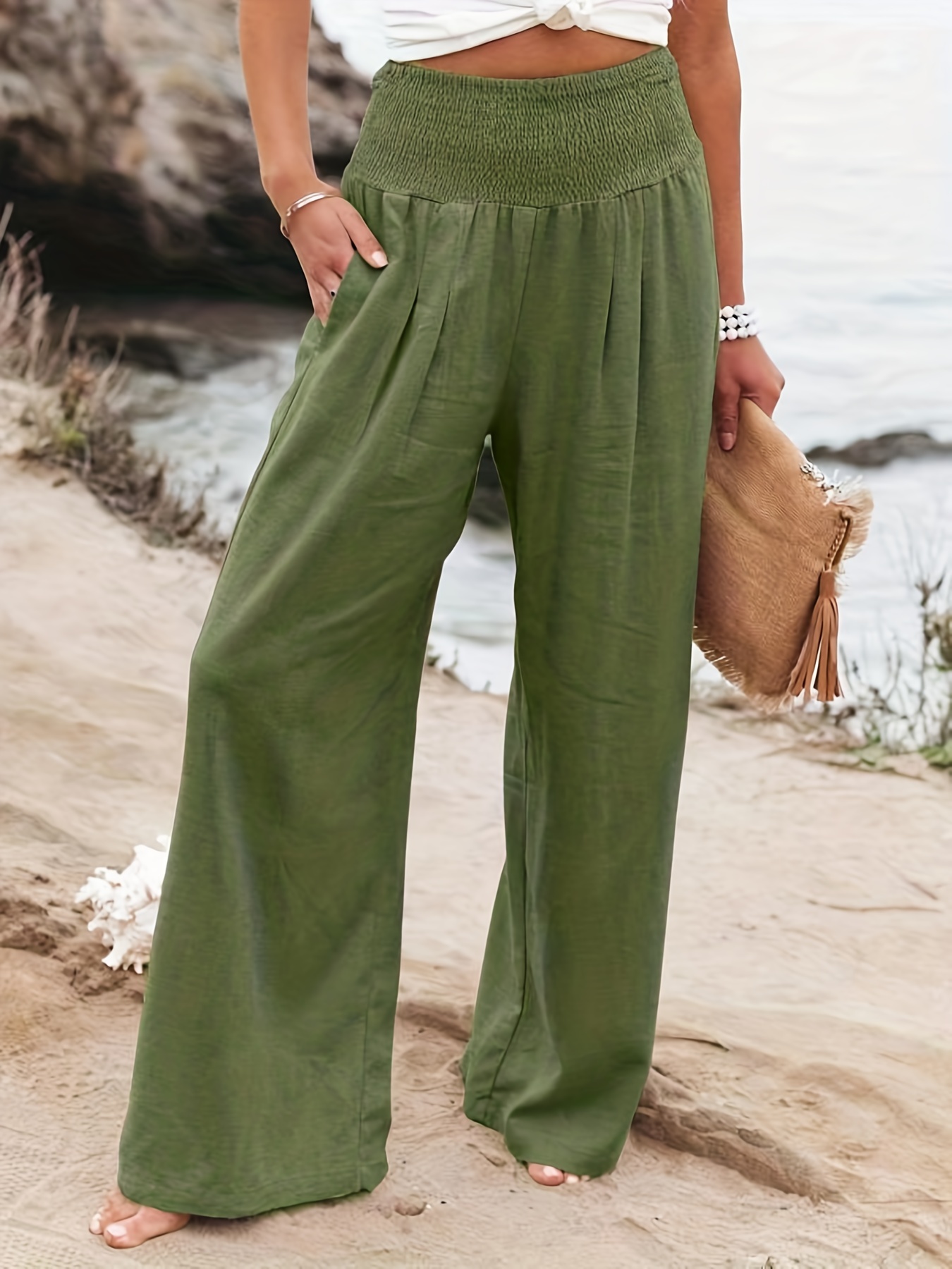 Womens Wide Leg Beach Pants Outdoor Elastic Waist Side Pockets