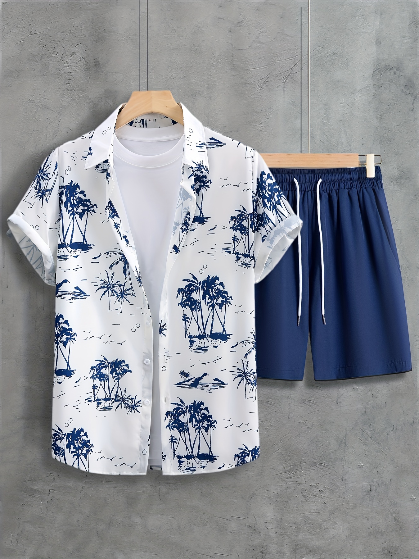 Conjunto masculino com estampa de árvore de coco 2 peças, camisa de botões  e shorts com cordão para o verão - Temu Portugal