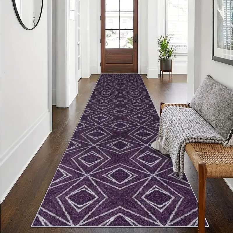 Purple Geometric Pattern Long Bath Rug Runner, Hallway Rug Runner