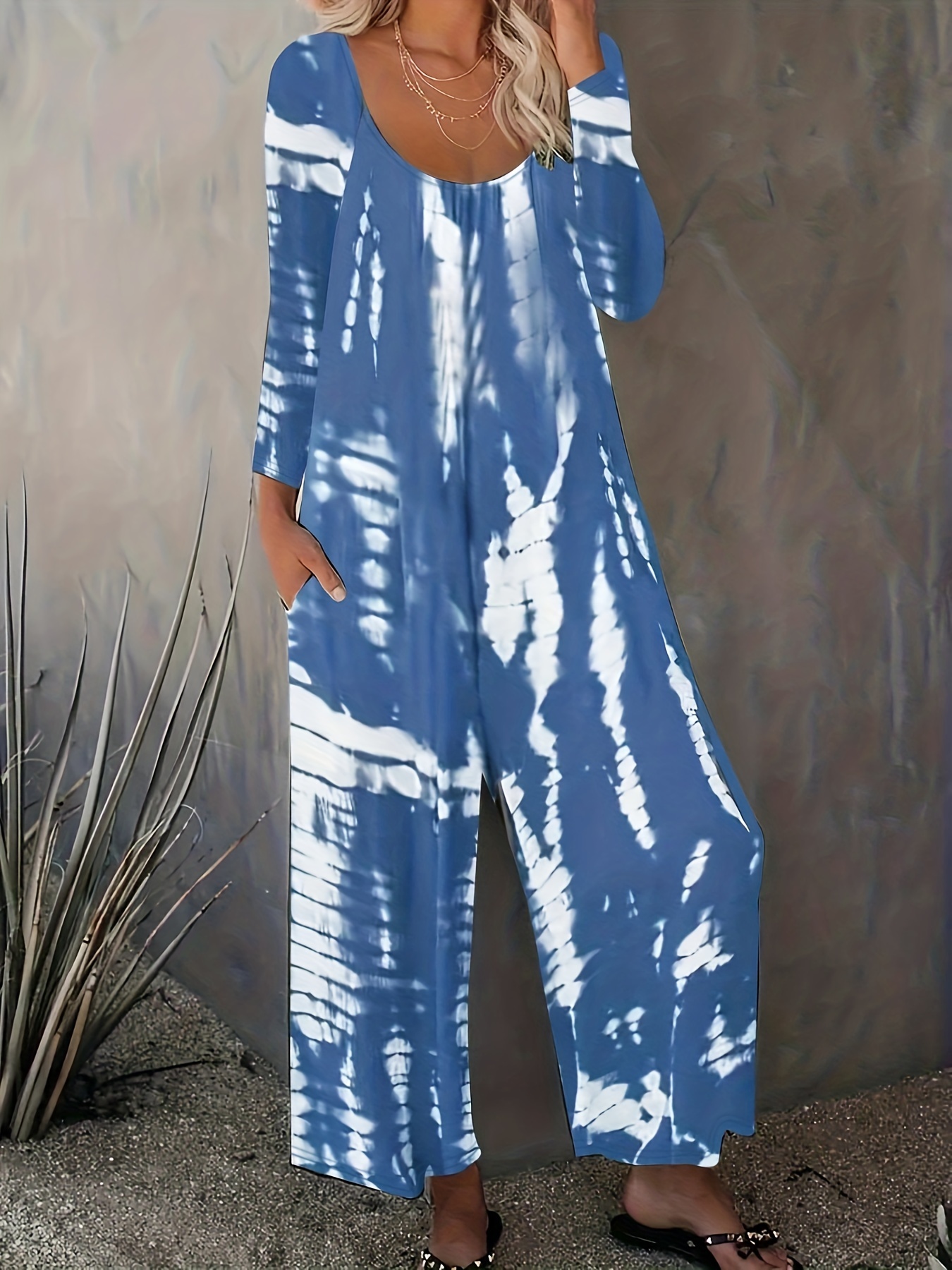 Womens PLUS SIZE Casual Long Sleeve Tie-Dye Pattern Pants Jumpsuit Outfit XL-4XL