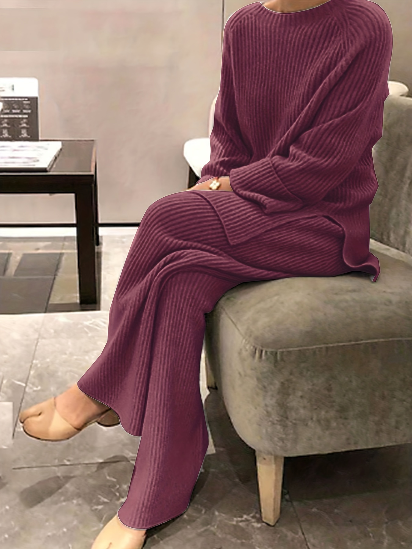 Solid Ribbed Knit Two-piece Set, Crew Neck Long Sleeve Sweater & Wide Leg  Pants Outfits, Women's Clothing