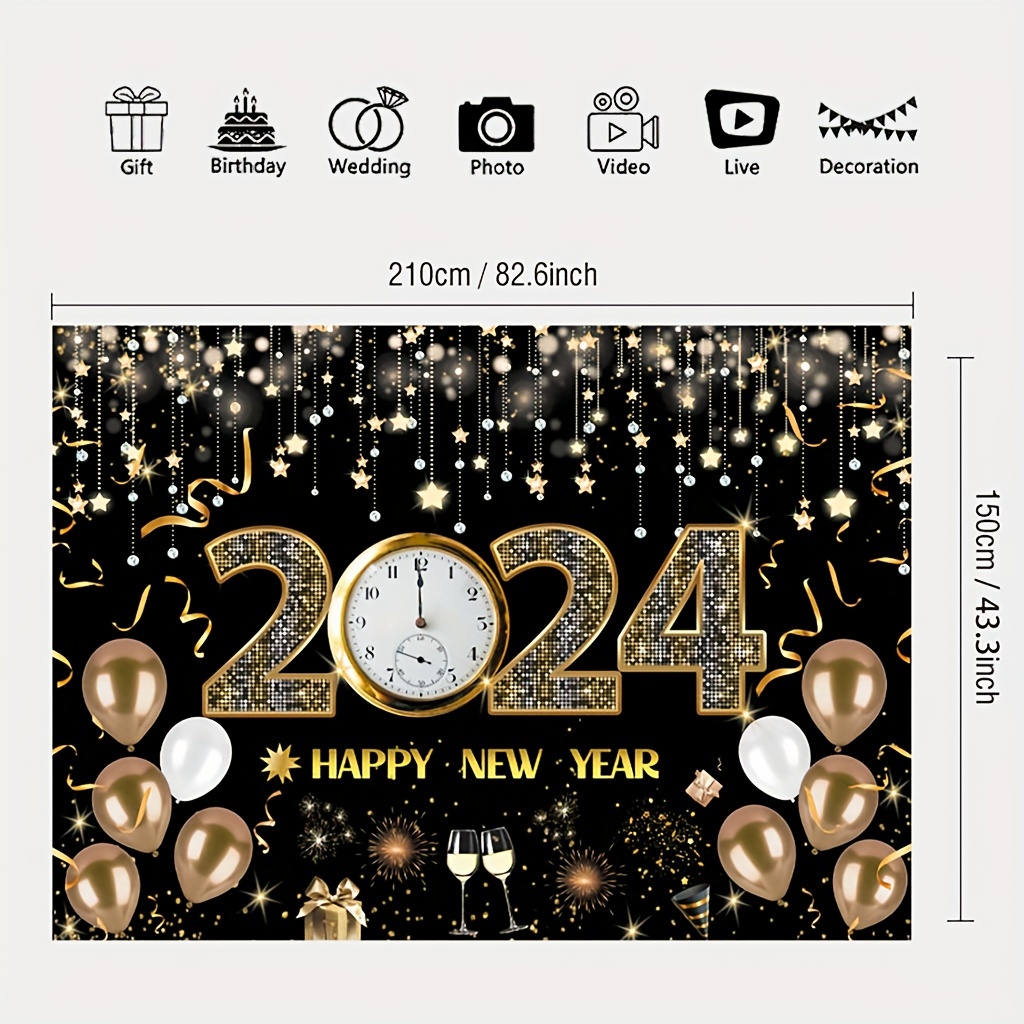 2024 Happy New Year Party Decorations, Gold 2024 Balloons, New Years Gold  Balloons Decorations, New Year Party Banner Photo Backdrop 