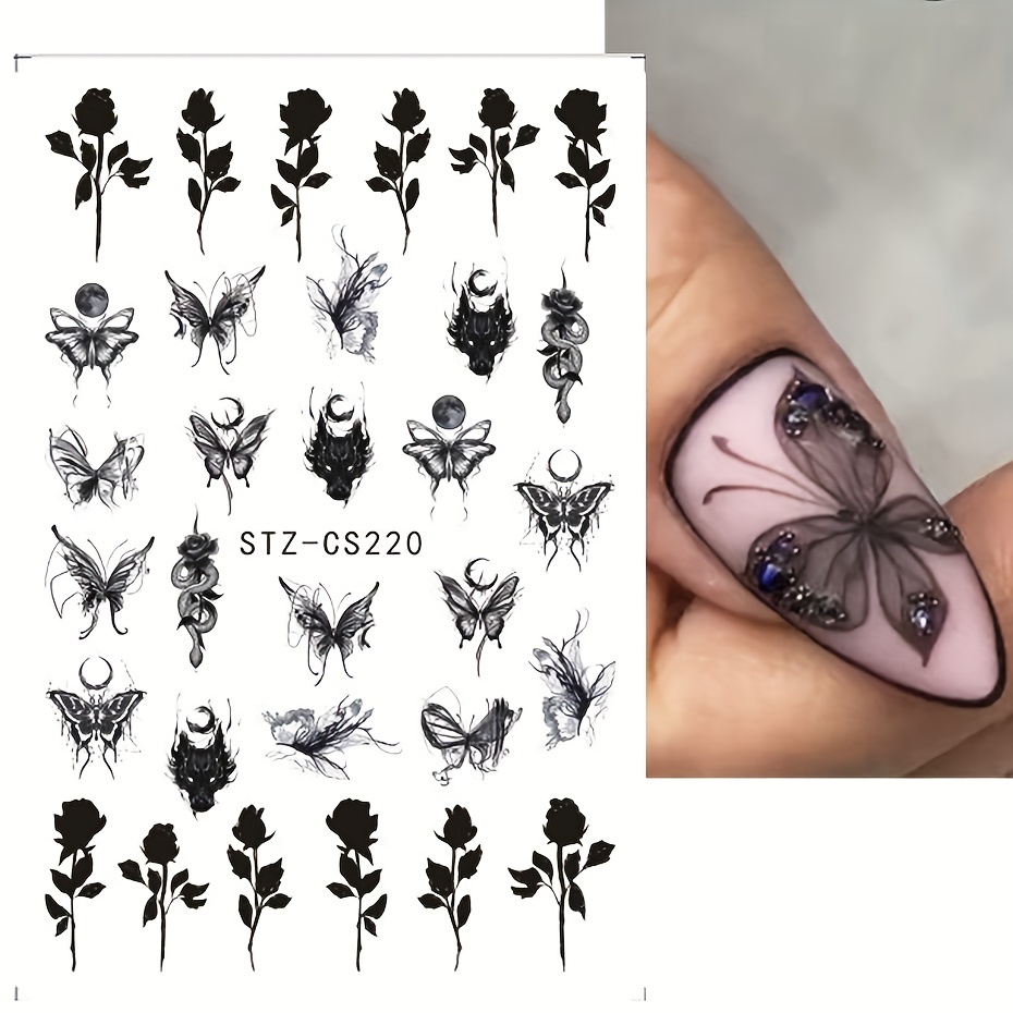 Gothic Nail Art Stickers Self Adhesive Decals Rose Butterfly Skull Designs