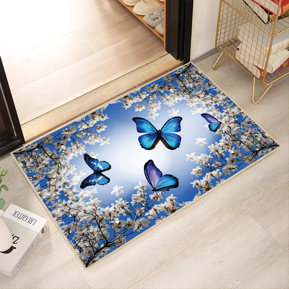 1pc Blue Butterflies Floral Rug Faux Wool Non Slip Washable Entryway Rugs