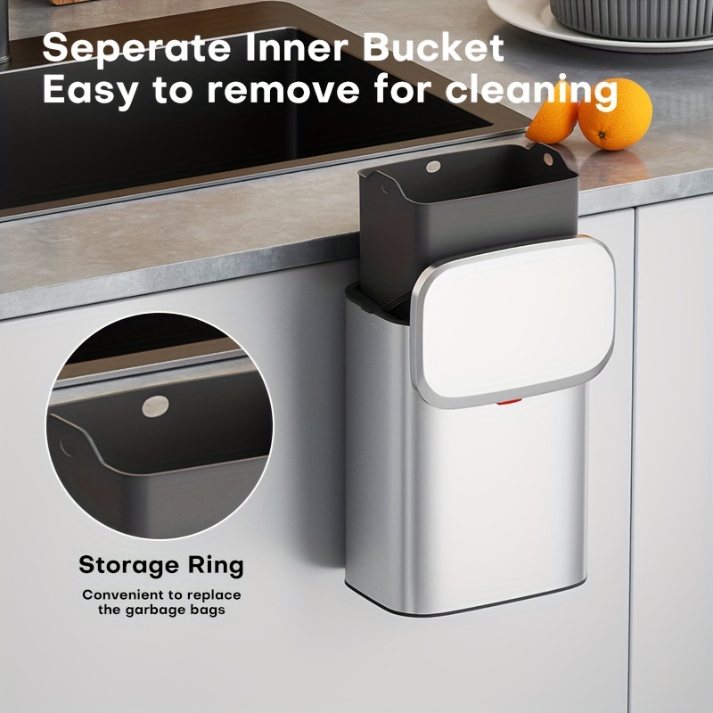 Stainless Steel Trash Can With Lid And Inner Bucket, Kitchen Hanging  Compost Bin, For Counter Top, Under Sink Or Wall Mount, Small Garbage Can  For Cabinet Door Mounted, Cupboard/bathroom/bedroom/living Room Accessories  