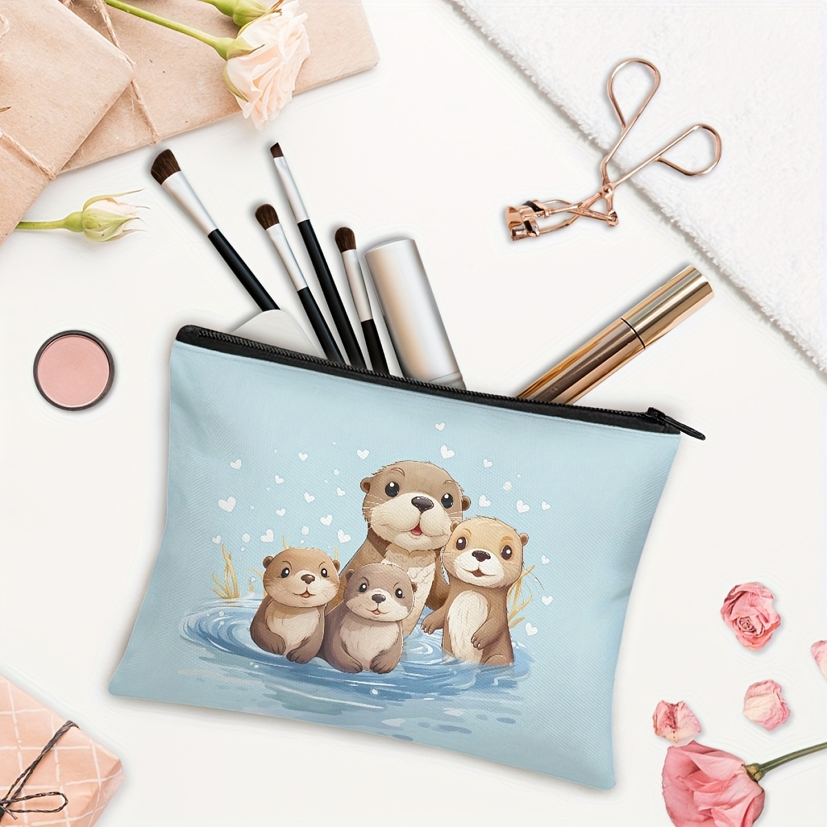 

Otter Family Cartoon Pattern Cosmetic Bag, Casual Versatile Multi Functional For Outdoor Travel