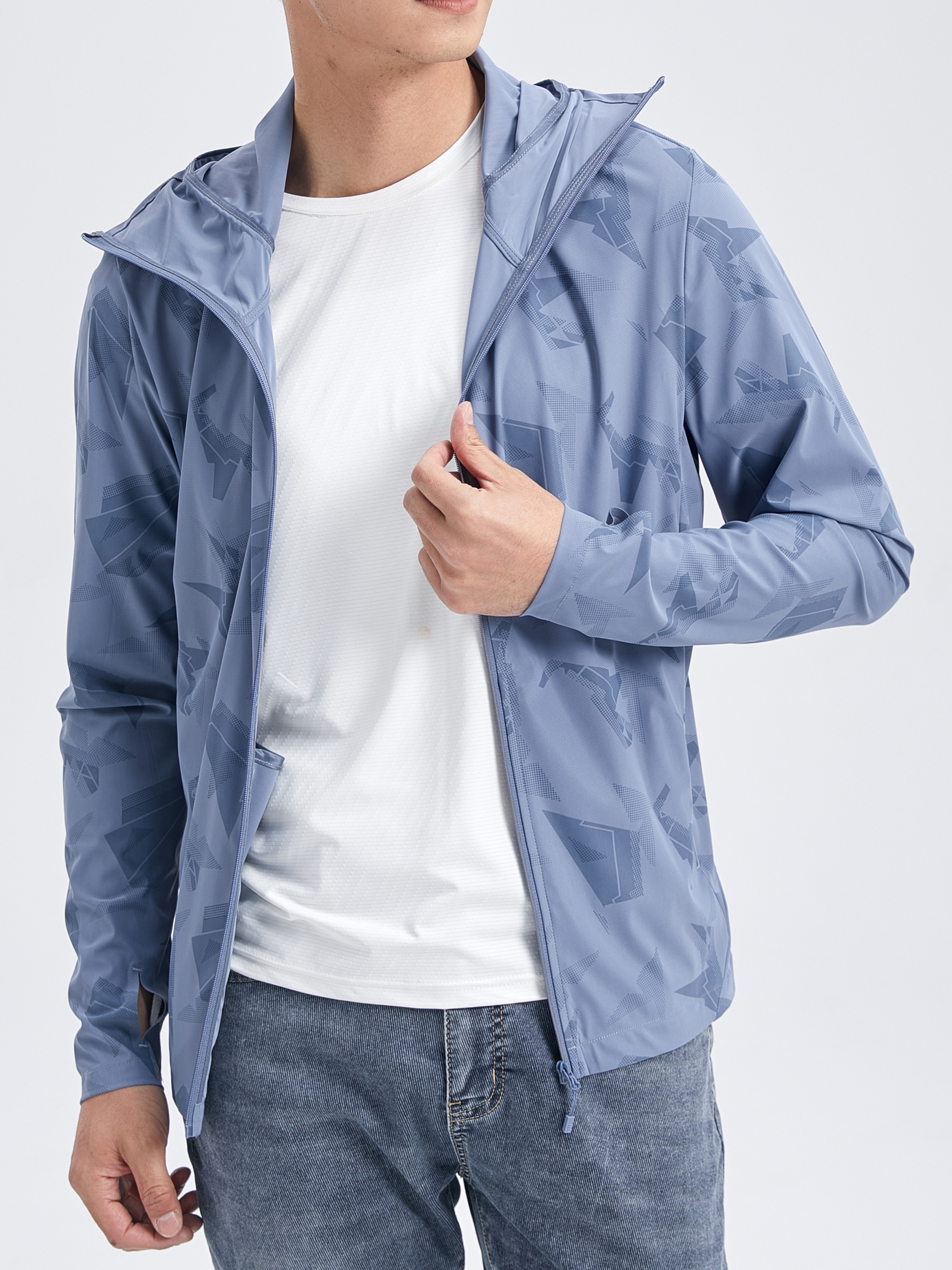 Mens Long Sleeve Quick-drying Hooded Jacket Zipper Fishing Thin Coat  Windbreaker