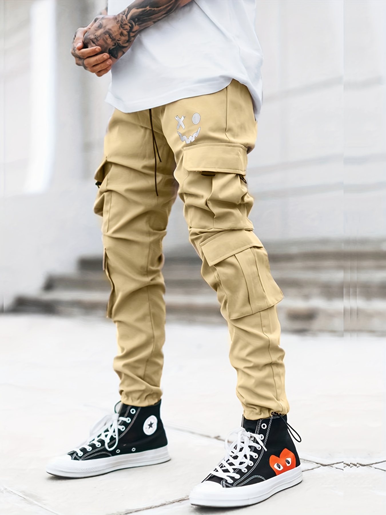 Korean Style Mens Cargo Pants Outdoor Pockets Overalls Casual Loose Fit  Trousers