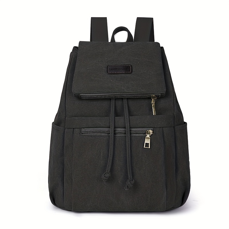 Vintage Canvas Pocket Flap Backpack Lightweight Drawstring Schoolbag