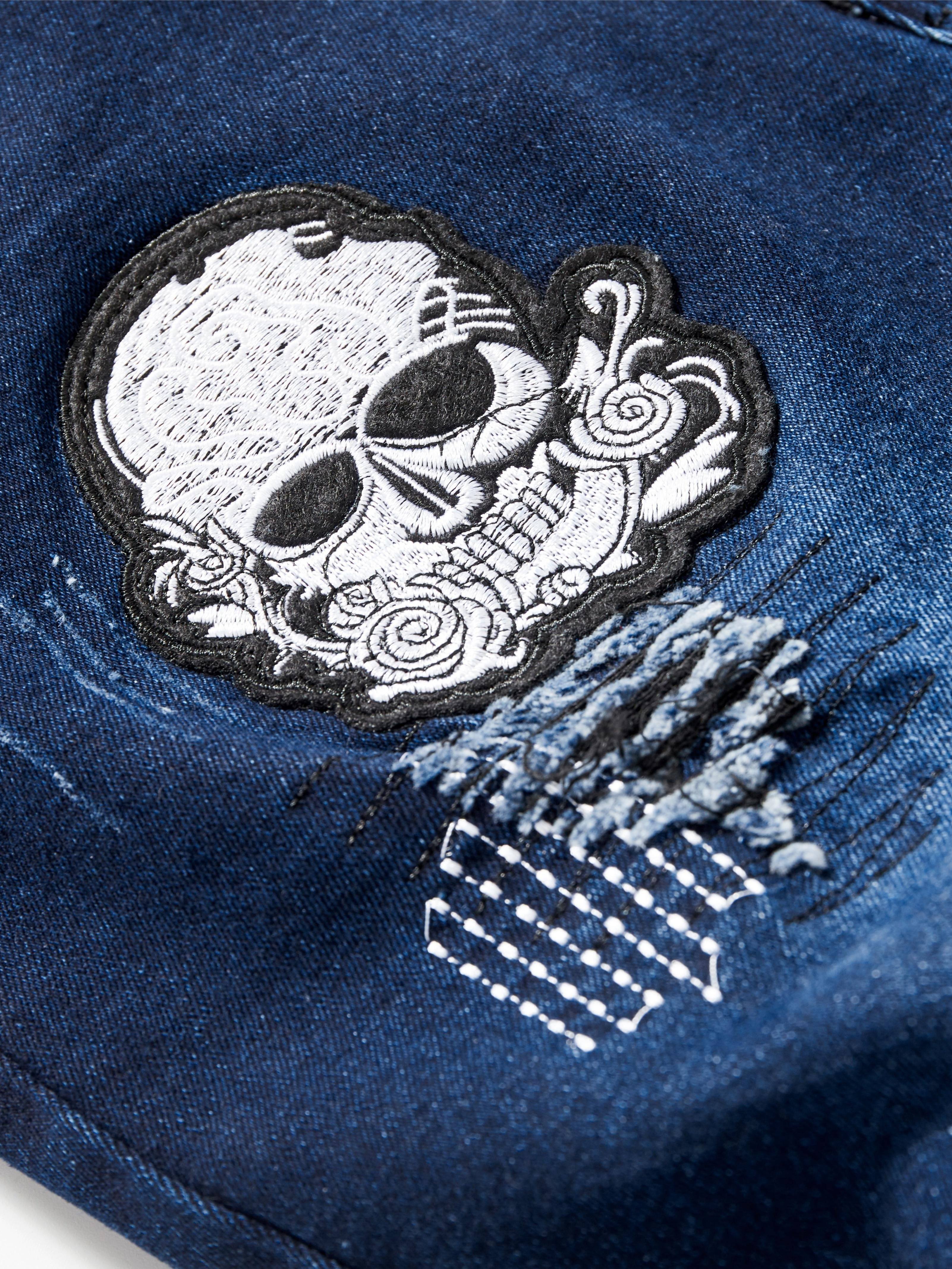 High Street Solid Color Patchwork Skulls Embroidery Casual Denim