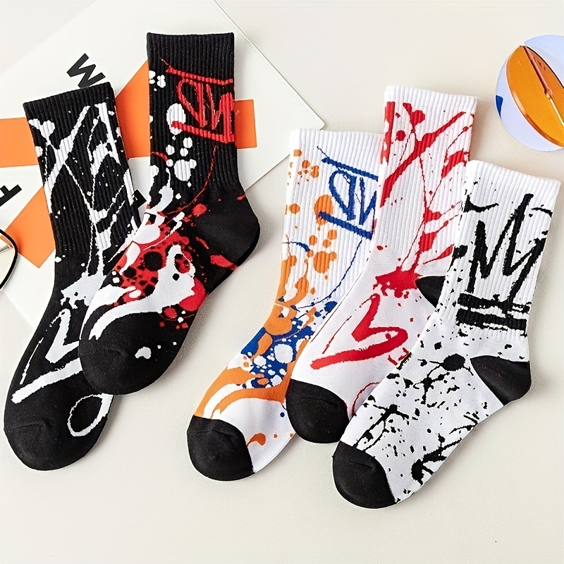 

5pairs Men's New Fashion Art Graffiti Print Hip Hop Style Fashion Personality Socks, Skateboard Socks, Casual Sports Socks, Cotton Breathable Comfy Socks, Men's Socks