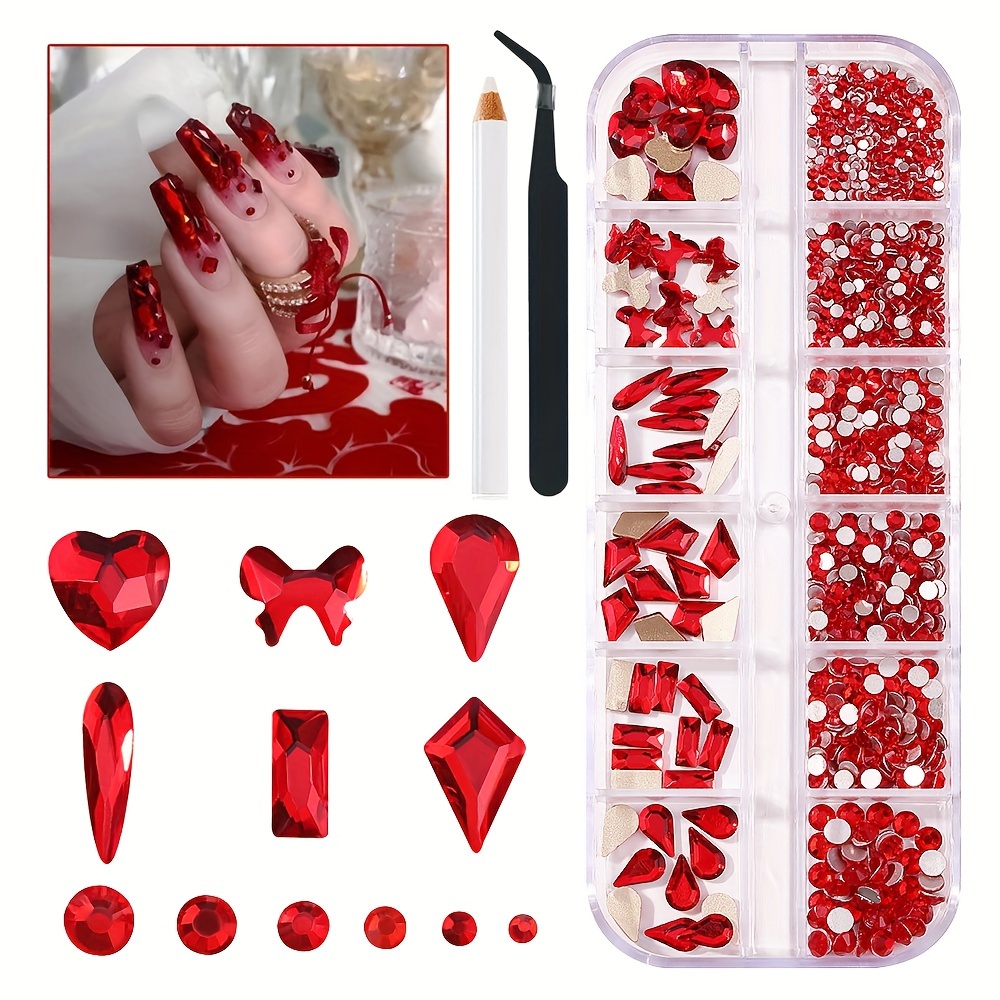 Red Nail Rhinestones Kit Multi Shapes Nail Art Gems Diamonds - Temu
