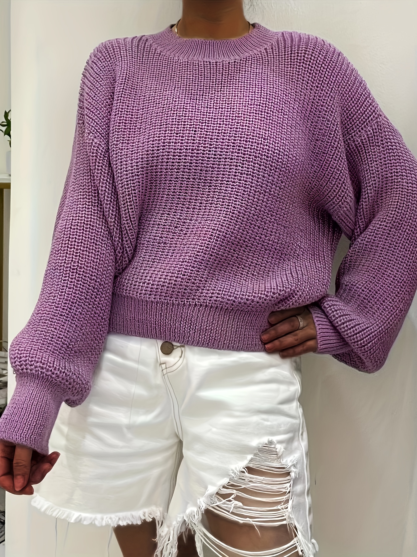 Buy the Womens Purple Knit Crew Neck Long Sleeve Ribbed Pullover