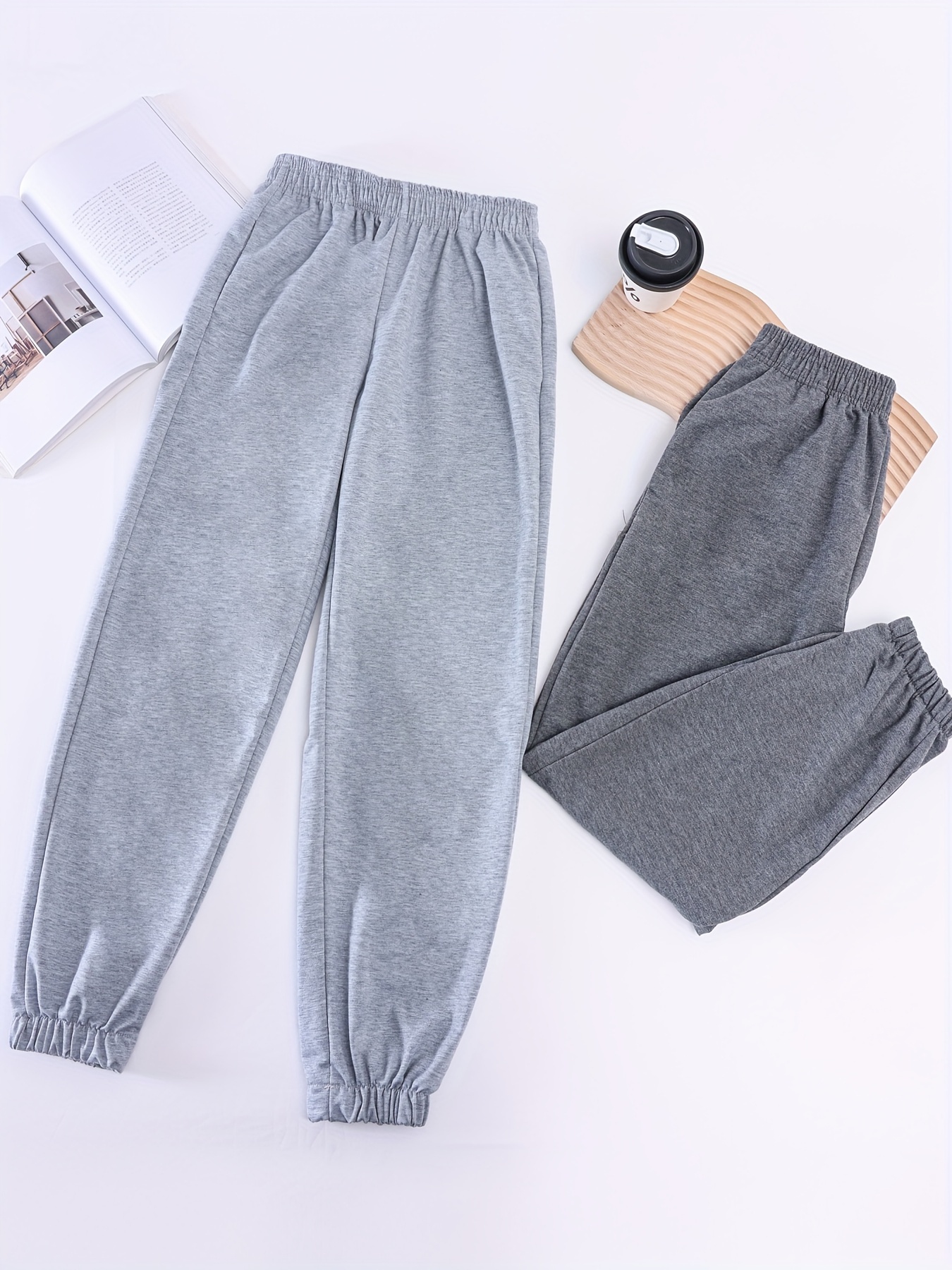 Solid Color Sports Sweatpant Elastic Waist Slant Pockets - Temu