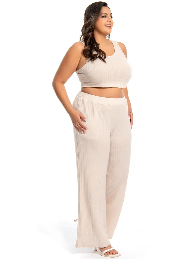 Plus Size Casual Outfits Two Piece Set, Women's Plus Solid Ribbed Tank Top  & Pants Outfits 2 Piece Set