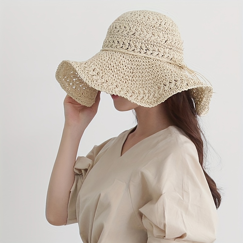 Womens Floppy Summer Upf 50 Sun Protection Beach Straw Hats Bucket Cloche Hat Foldable 56 59cm Beige