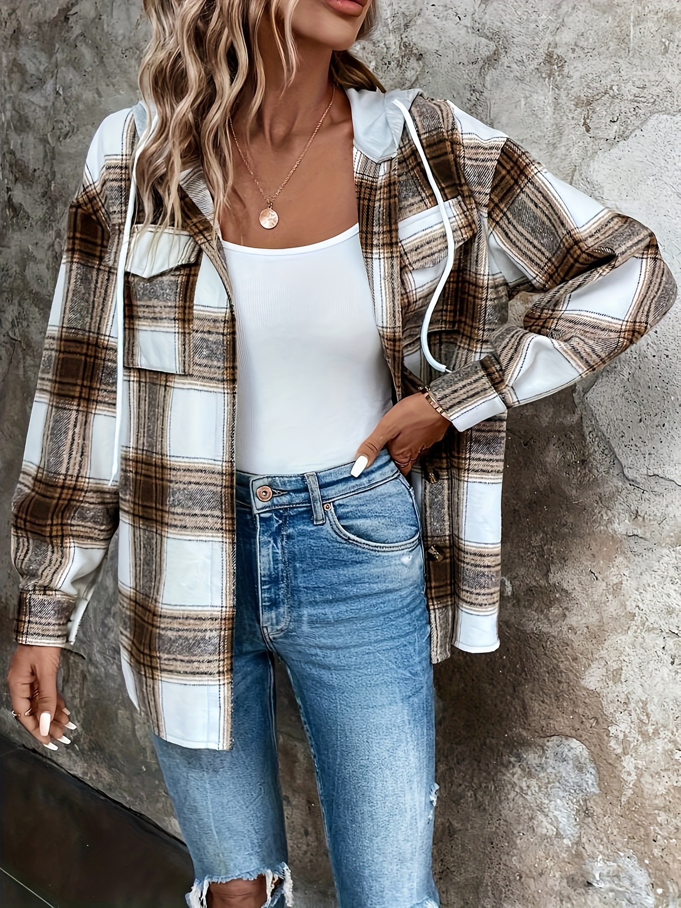 Hooded Plaid Print Blouse Casual Button Front Drawstring - Temu