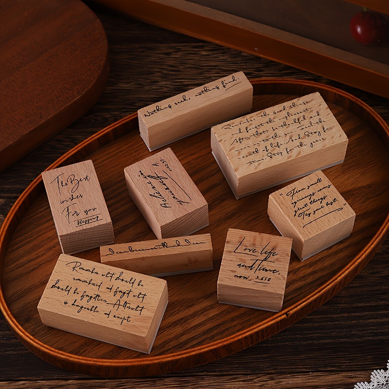 A Box Of 8 Vintage Text Wooden Rubber Stamps For Journal Decoration And Diy Printing