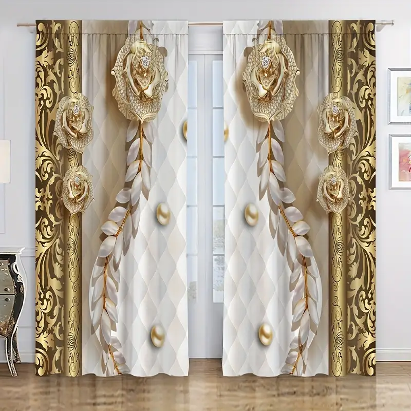 Elegant Golden Flower Pattern Curtain For Home Decor Rod Pocket Window Treatment Bedroom Office Kitchen Living Room And Study Temu New Zealand