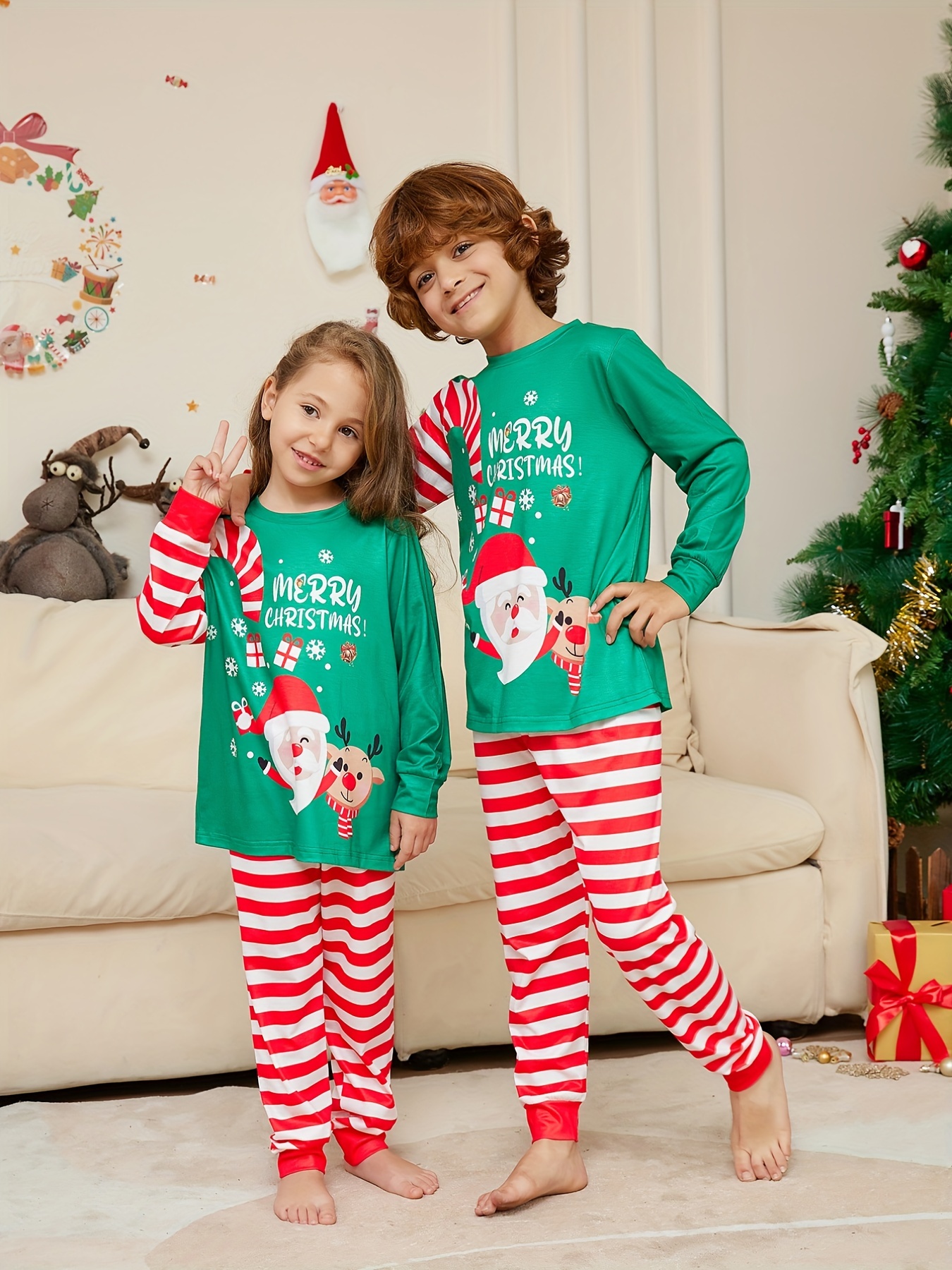  Pijamas de Navidad a rayas personalizadas con nombre  personalizado para niños y niñas, 2 piezas, conjunto de pijamas a juego  100% algodón 6M-12Y, Top verde y pantalones a rayas : Ropa
